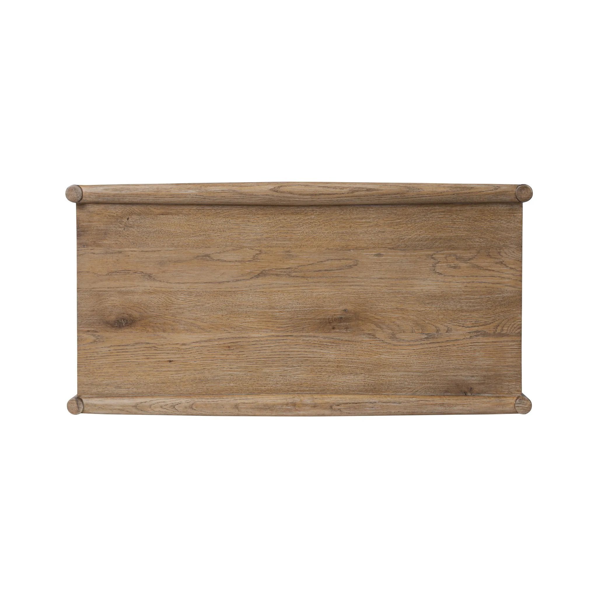 A rustic oak bar cabinet shapes subtly curved corners, bringing a handcrafted look to a minimalist form. Fixed center shelves, functional drawers and glass fronts for open display. Simple hardware is finished in an aged bronze Amethyst Home provides interior design, new home construction design consulting, vintage area rugs, and lighting in the Los Angeles metro area.