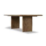 Made from weathered oak, simple lines and a light, rustic finish play up the natural beauty of this double pedestal dining table Amethyst Home provides interior design, new home construction design consulting, vintage area rugs, and lighting in the Austin metro area.