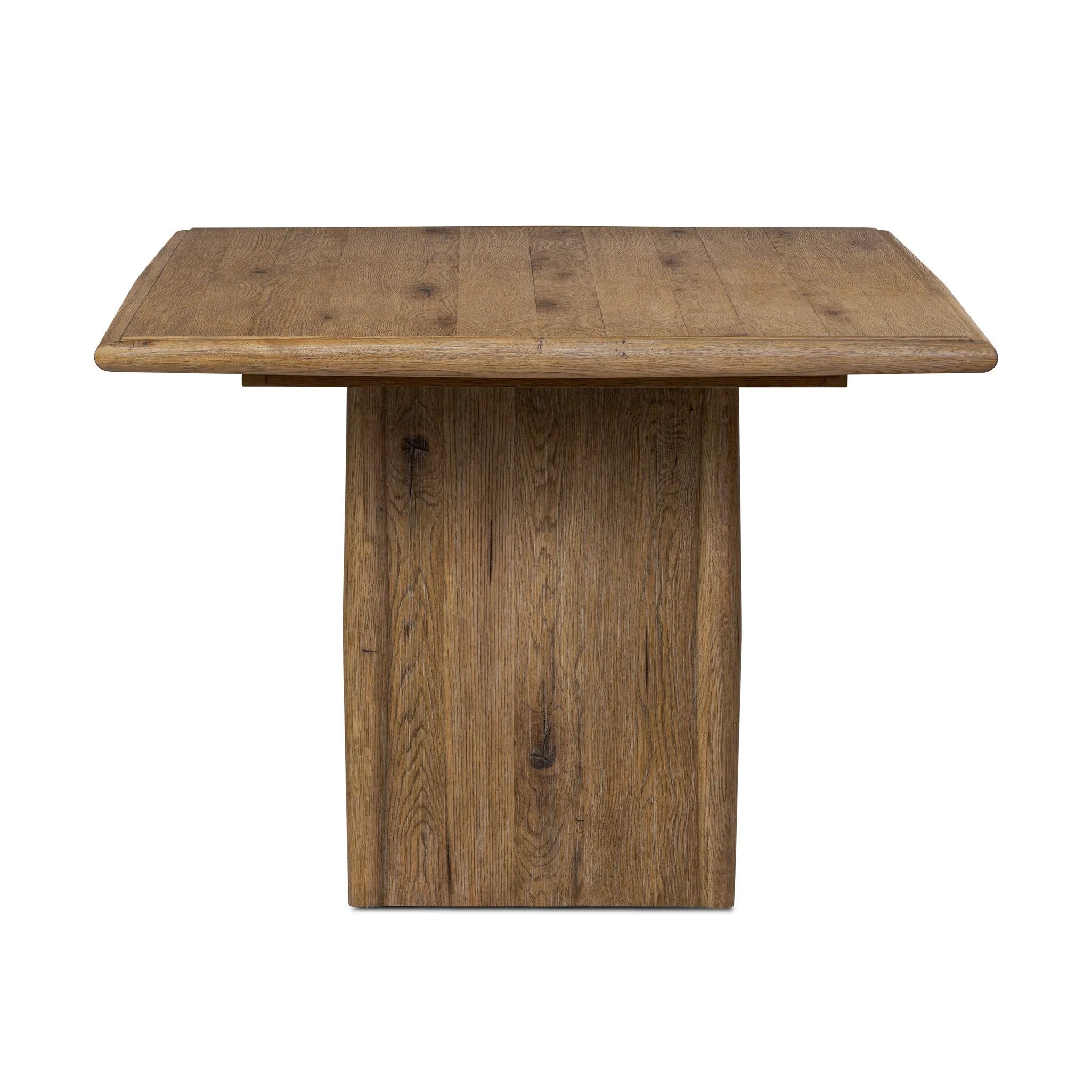 Made from weathered oak, simple lines and a light, rustic finish play up the natural beauty of this double pedestal dining table Amethyst Home provides interior design, new home construction design consulting, vintage area rugs, and lighting in the Charlotte metro area.