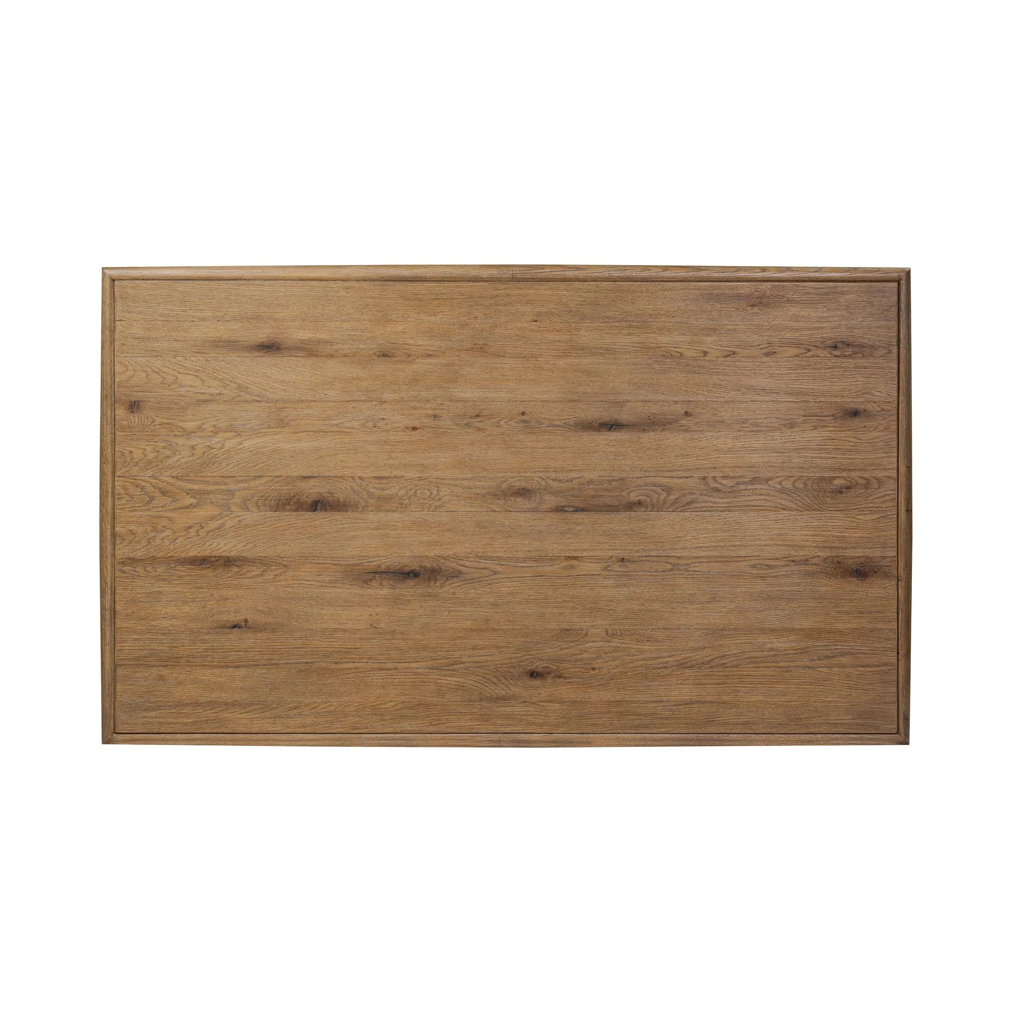 Made from weathered oak, simple lines and a light, rustic finish play up the natural beauty of this double pedestal dining table Amethyst Home provides interior design, new home construction design consulting, vintage area rugs, and lighting in the Dallas metro area.
