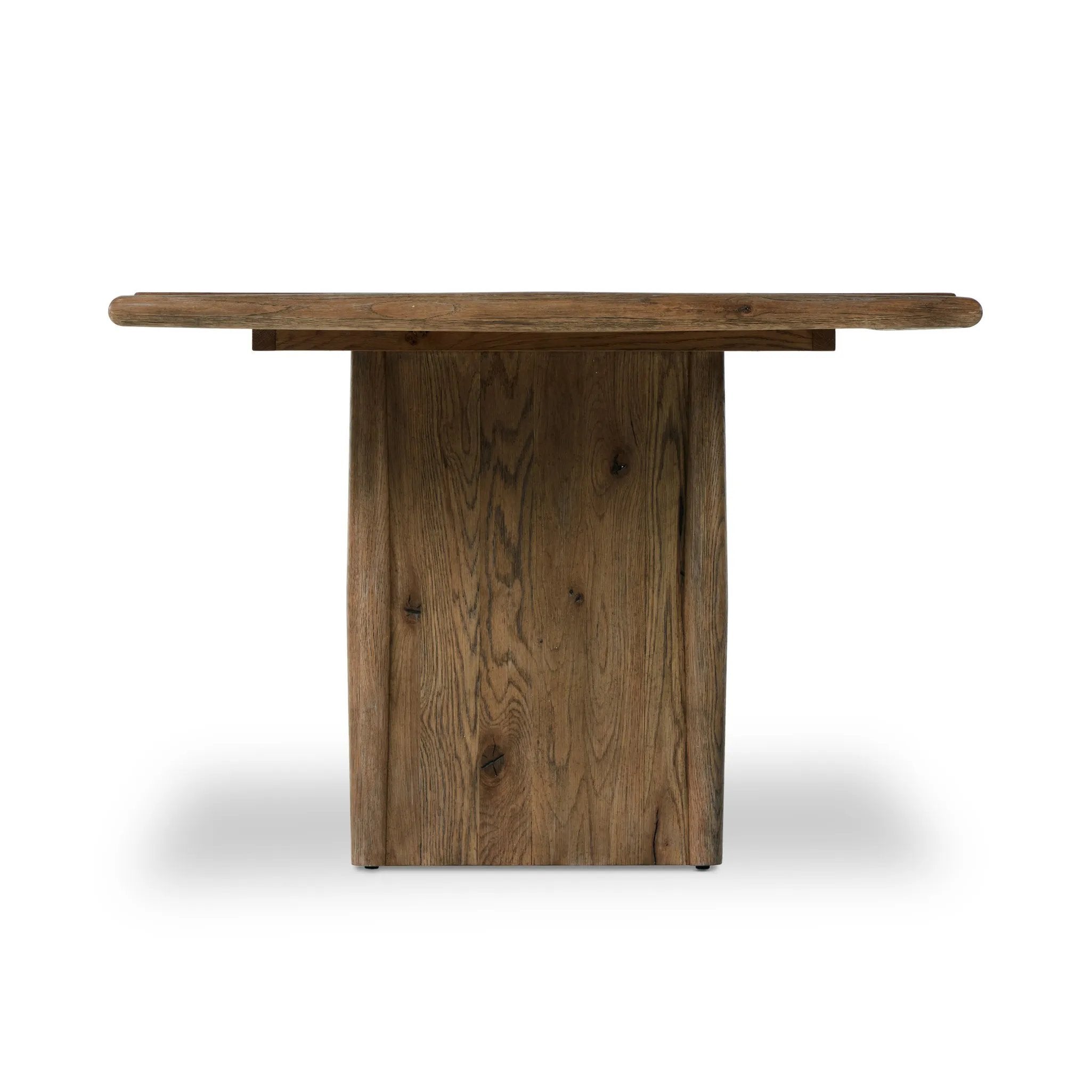 Made from weathered oak, simple lines and a light, rustic finish play up the natural beauty of this double pedestal dining table Amethyst Home provides interior design, new home construction design consulting, vintage area rugs, and lighting in the Nashville metro area.