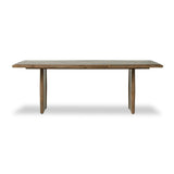 Made from weathered oak, simple lines and a light, rustic finish play up the natural beauty of this double pedestal dining table Amethyst Home provides interior design, new home construction design consulting, vintage area rugs, and lighting in the Omaha metro area.