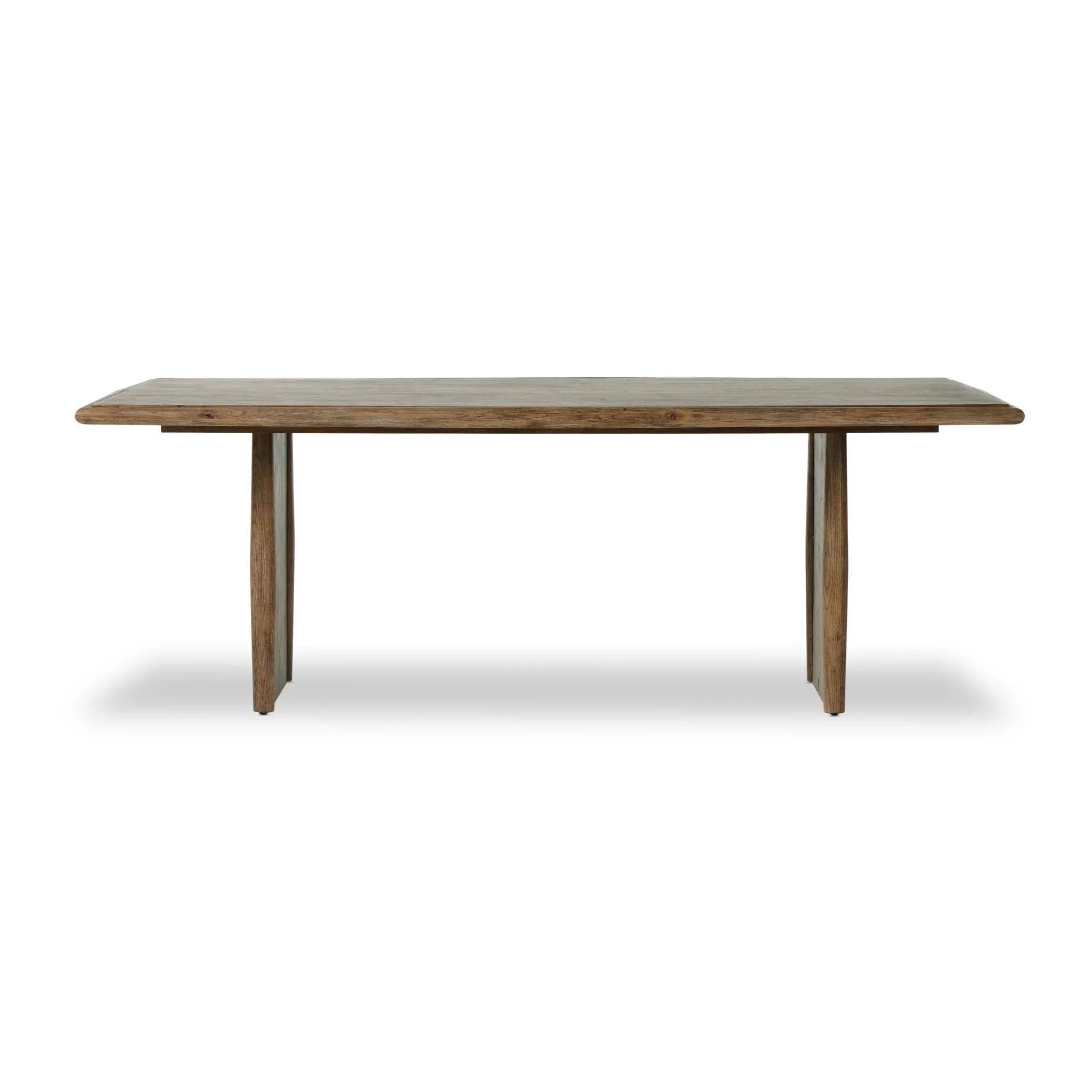 Made from weathered oak, simple lines and a light, rustic finish play up the natural beauty of this double pedestal dining table Amethyst Home provides interior design, new home construction design consulting, vintage area rugs, and lighting in the Omaha metro area.