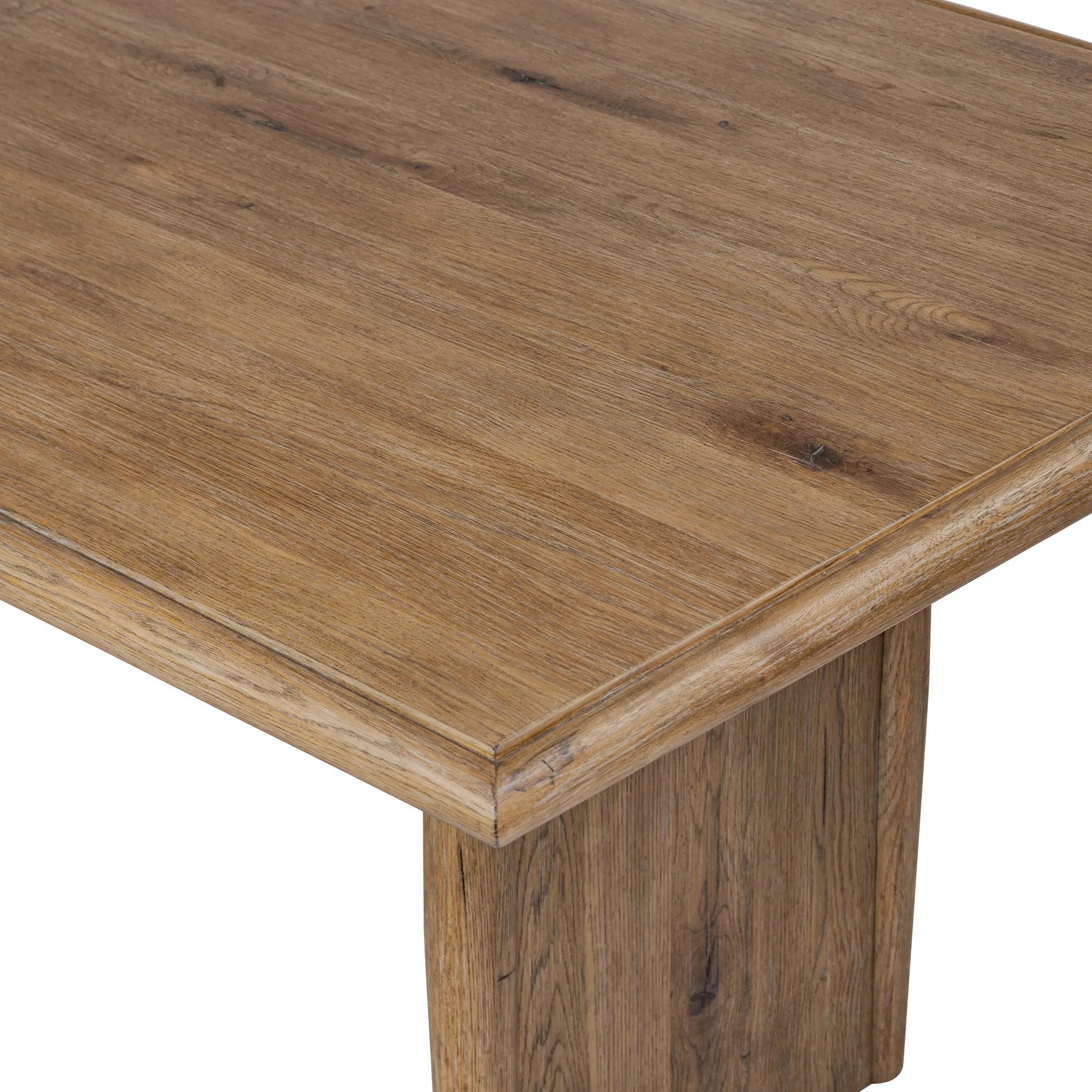 Made from weathered oak, simple lines and a light, rustic finish play up the natural beauty of this double pedestal dining table Amethyst Home provides interior design, new home construction design consulting, vintage area rugs, and lighting in the Tampa metro area.