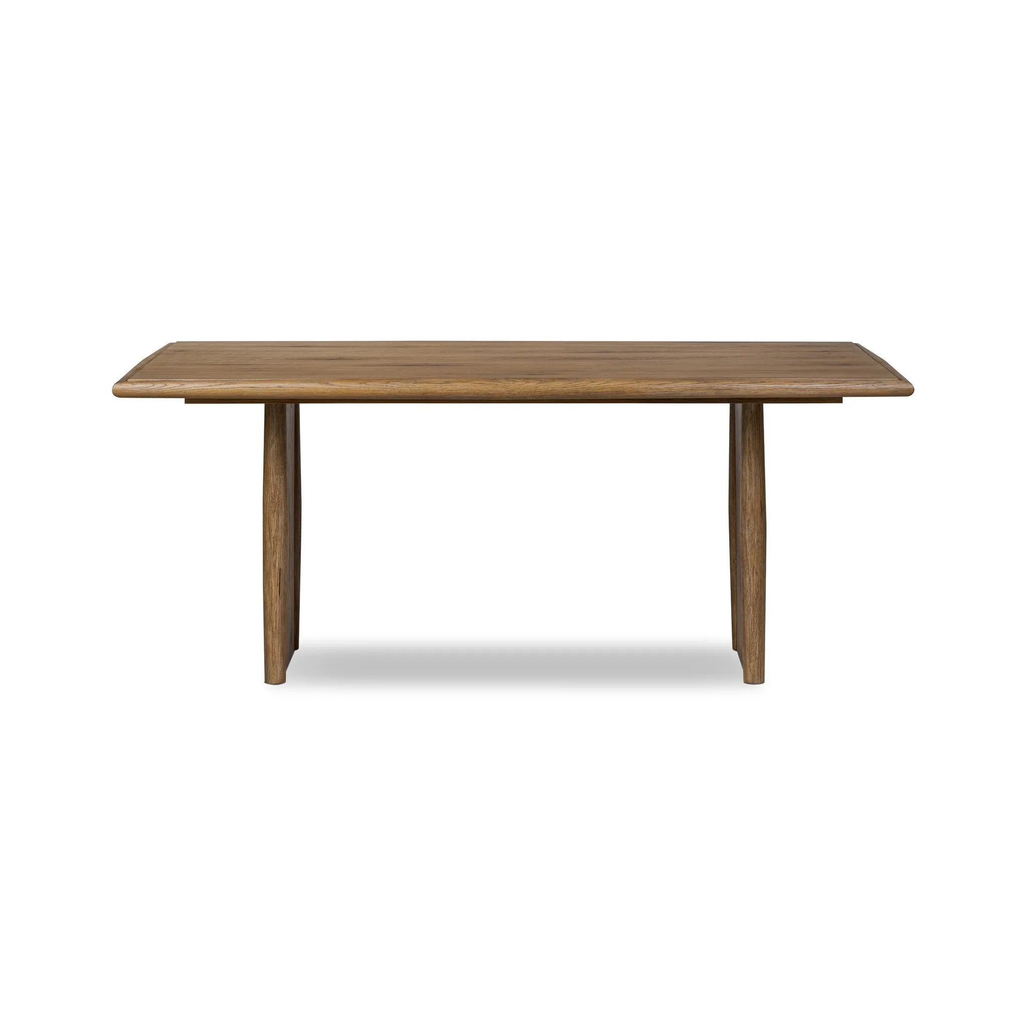 Made from weathered oak, simple lines and a light, rustic finish play up the natural beauty of this double pedestal dining table Amethyst Home provides interior design, new home construction design consulting, vintage area rugs, and lighting in the Washington metro area.