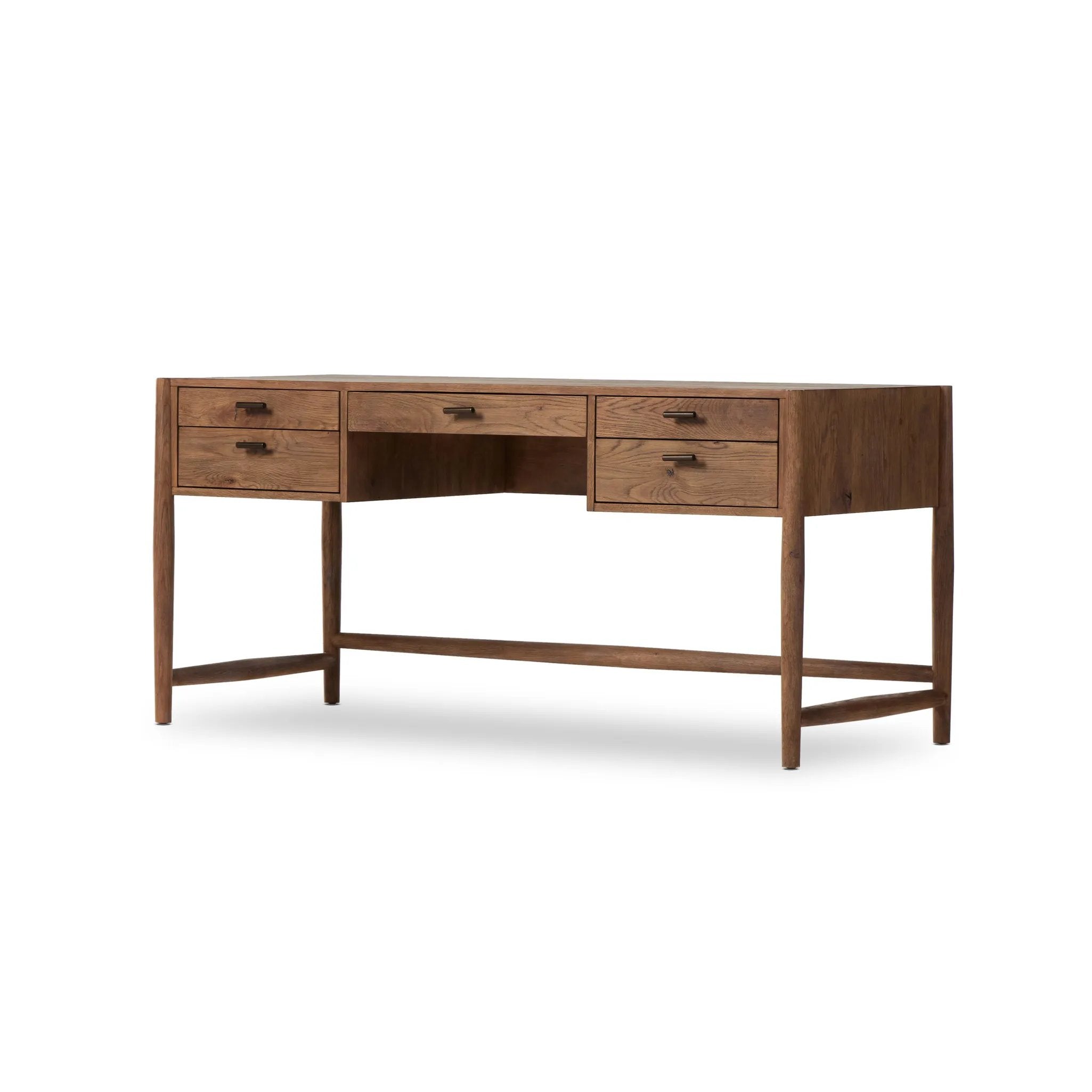 Traditional, reimagined. Made from rustic weathered oak, this desk brings generous storage space to the office. Simple hardware is finished in an aged bronze Amethyst Home provides interior design, new home construction design consulting, vintage area rugs, and lighting in the Des Moines metro area.