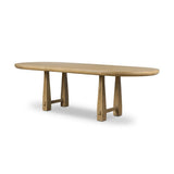 Make space to gather around. This extendable dining table is crafted from drifted oak veneer with a semi-trestle base, thick legs and an oval-shaped surface. The extension expands the table from 84" to a roomier 104" Amethyst Home provides interior design, new home construction design consulting, vintage area rugs, and lighting in the Salt Lake City metro area.