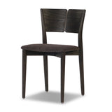Inspired by simple Scandinavian styling, a dark-finished parawood stool's slit-back metal inlay adds a decorative touch. Easy curves from bent wood give a smooth silhouette. Upholstered with a thin seat cushion upholstered in black performance fabric, perfect for everyday dining. Amethyst Home provides interior design, new home construction design consulting, vintage area rugs, and lighting in the Laguna Beach metro area.