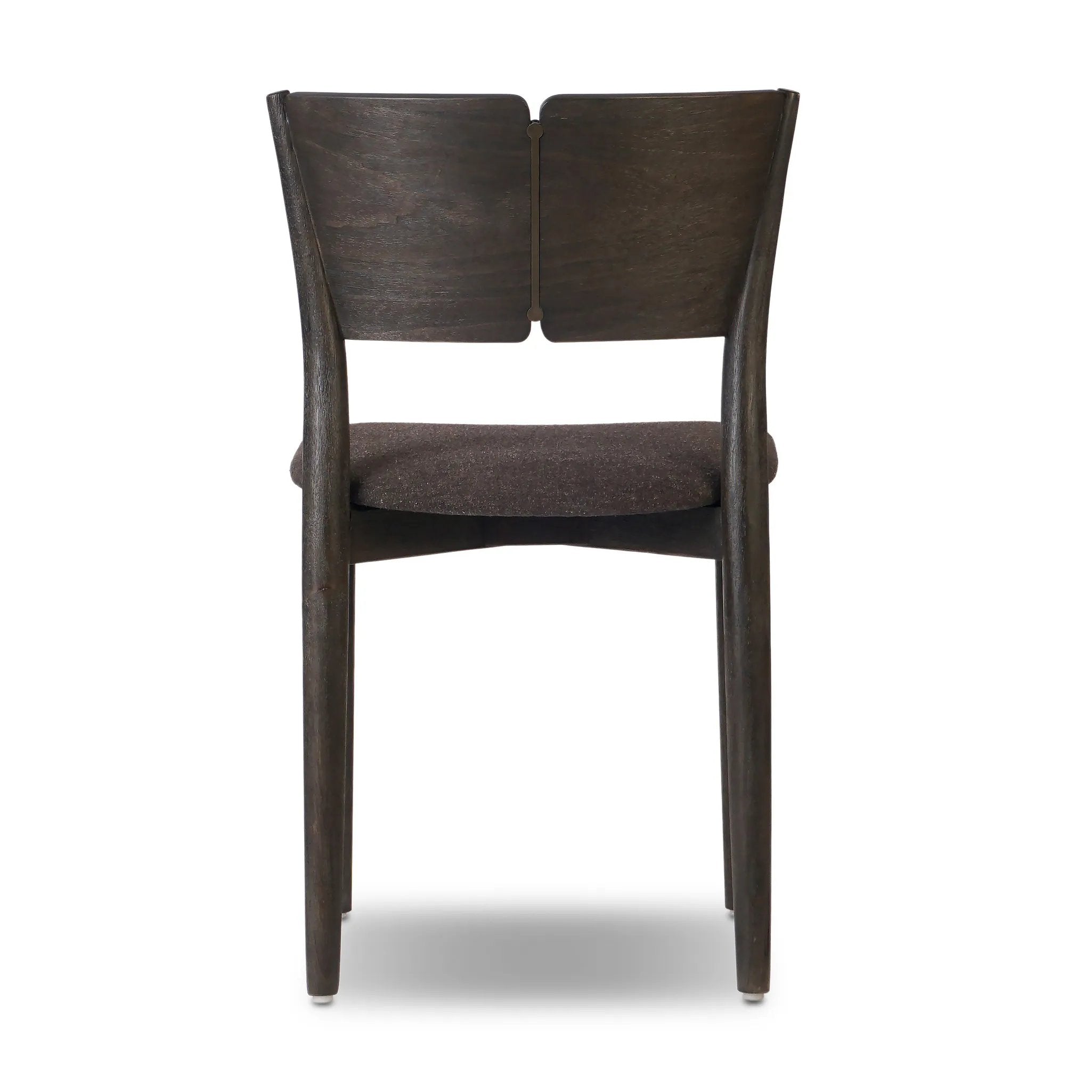 Inspired by simple Scandinavian styling, a dark-finished parawood stool's slit-back metal inlay adds a decorative touch. Easy curves from bent wood give a smooth silhouette. Upholstered with a thin seat cushion upholstered in black performance fabric, perfect for everyday dining. Amethyst Home provides interior design, new home construction design consulting, vintage area rugs, and lighting in the Monterey metro area.