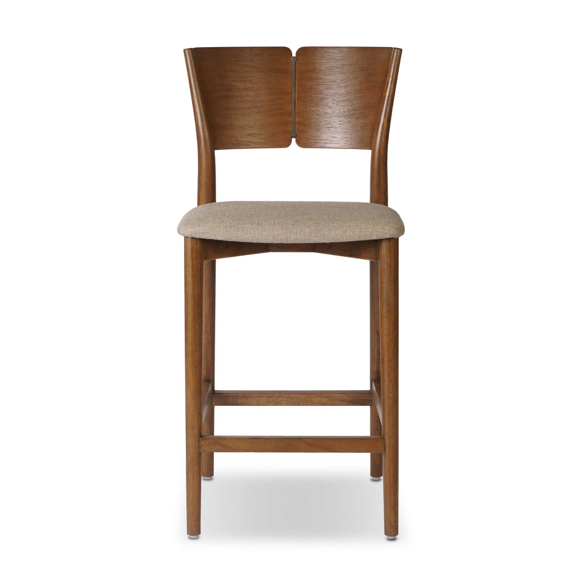 Inspired by simple Scandinavian styling, a tan-finished parawood stool's slit-back metal inlay adds a decorative touch. Easy curves from bent wood give a smooth silhouette. Sized for the counter and upholstered with a thin seat cushion in linen-cotton taupe Amethyst Home provides interior design, new home construction design consulting, vintage area rugs, and lighting in the Dallas metro area.