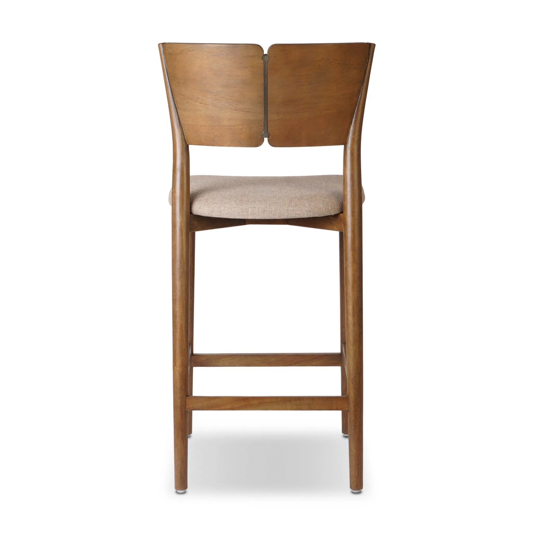 Inspired by simple Scandinavian styling, a tan-finished parawood stool's slit-back metal inlay adds a decorative touch. Easy curves from bent wood give a smooth silhouette. Sized for the counter and upholstered with a thin seat cushion in linen-cotton taupe Amethyst Home provides interior design, new home construction design consulting, vintage area rugs, and lighting in the San Diego metro area.