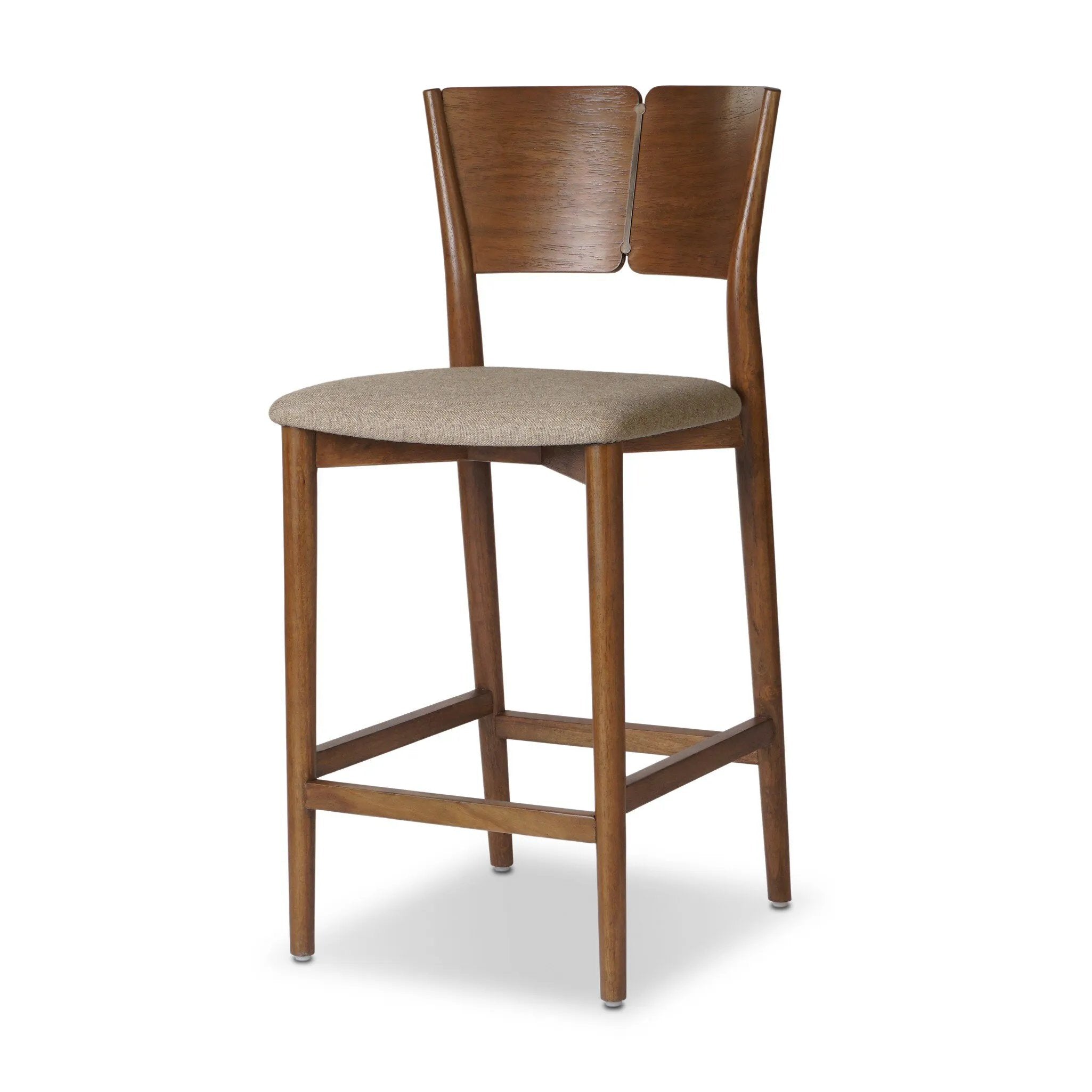 Inspired by simple Scandinavian styling, a tan-finished parawood stool's slit-back metal inlay adds a decorative touch. Easy curves from bent wood give a smooth silhouette. Sized for the counter and upholstered with a thin seat cushion in linen-cotton taupe Amethyst Home provides interior design, new home construction design consulting, vintage area rugs, and lighting in the Winter Garden metro area.