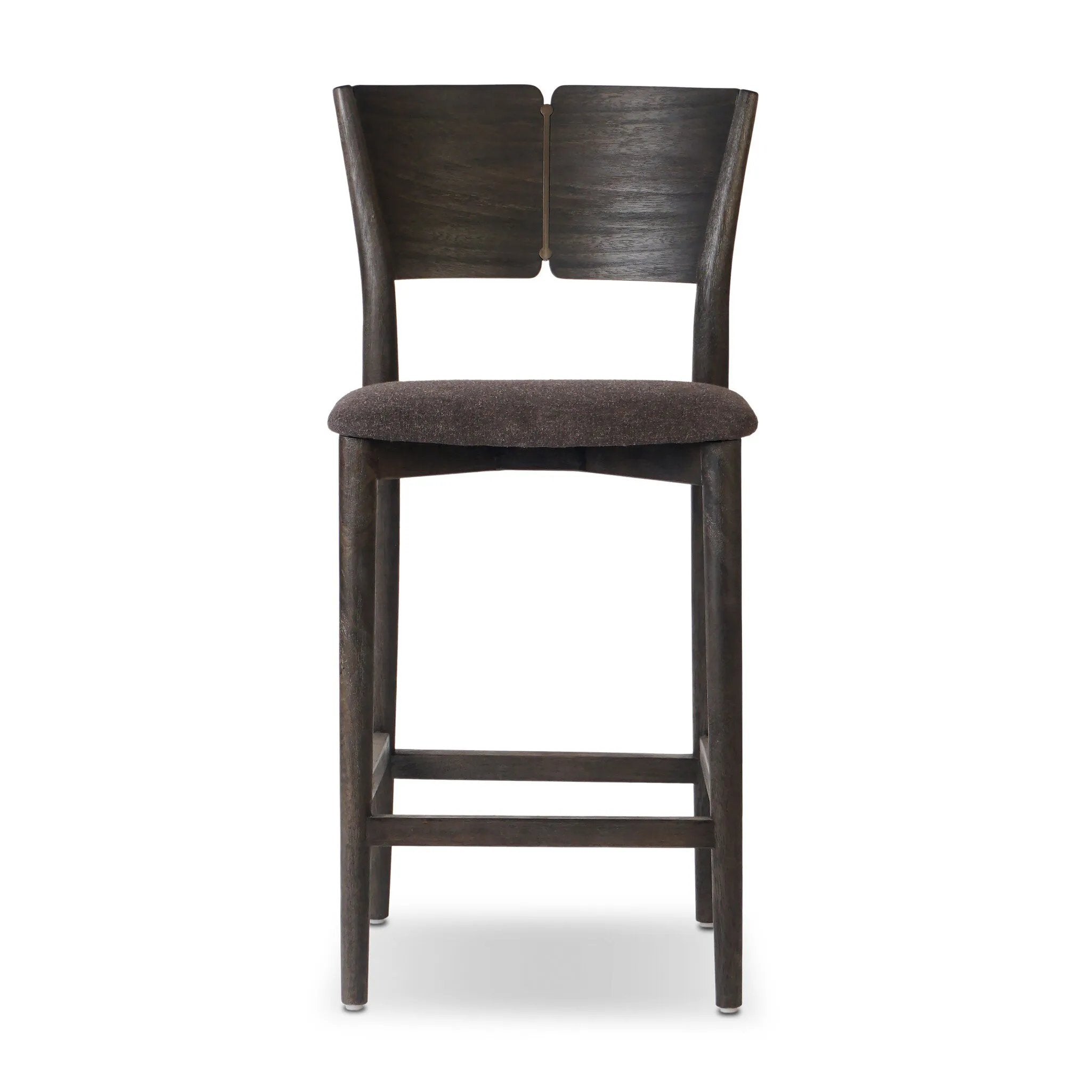 Inspired by simple Scandinavian styling, a dark-finished parawood stool's slit-back metal inlay adds a decorative touch. Easy curves from bent wood give a smooth silhouette. Sized for the counter and upholstered with a thin seat cushion upholstered in black performance fabric, perfect for dining or entertaining. Amethyst Home provides interior design, new home construction design consulting, vintage area rugs, and lighting in the Monterey metro area.