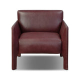 A bold chair design inspired by Italian modernism. Made from burgundy top-grain leather, with a wide format that contrasts slimmer chamfered legs leaving airiness underneath. The result: A beautiful balance of scale.As enthusiasts of clean aesthetics at Amethyst, we love the warm modern inspired Graford Chair - Dulane Burgundy. Amethyst Home provides interior design, new home construction design consulting, vintage area rugs, and lighting in the Alpharetta metro area.
