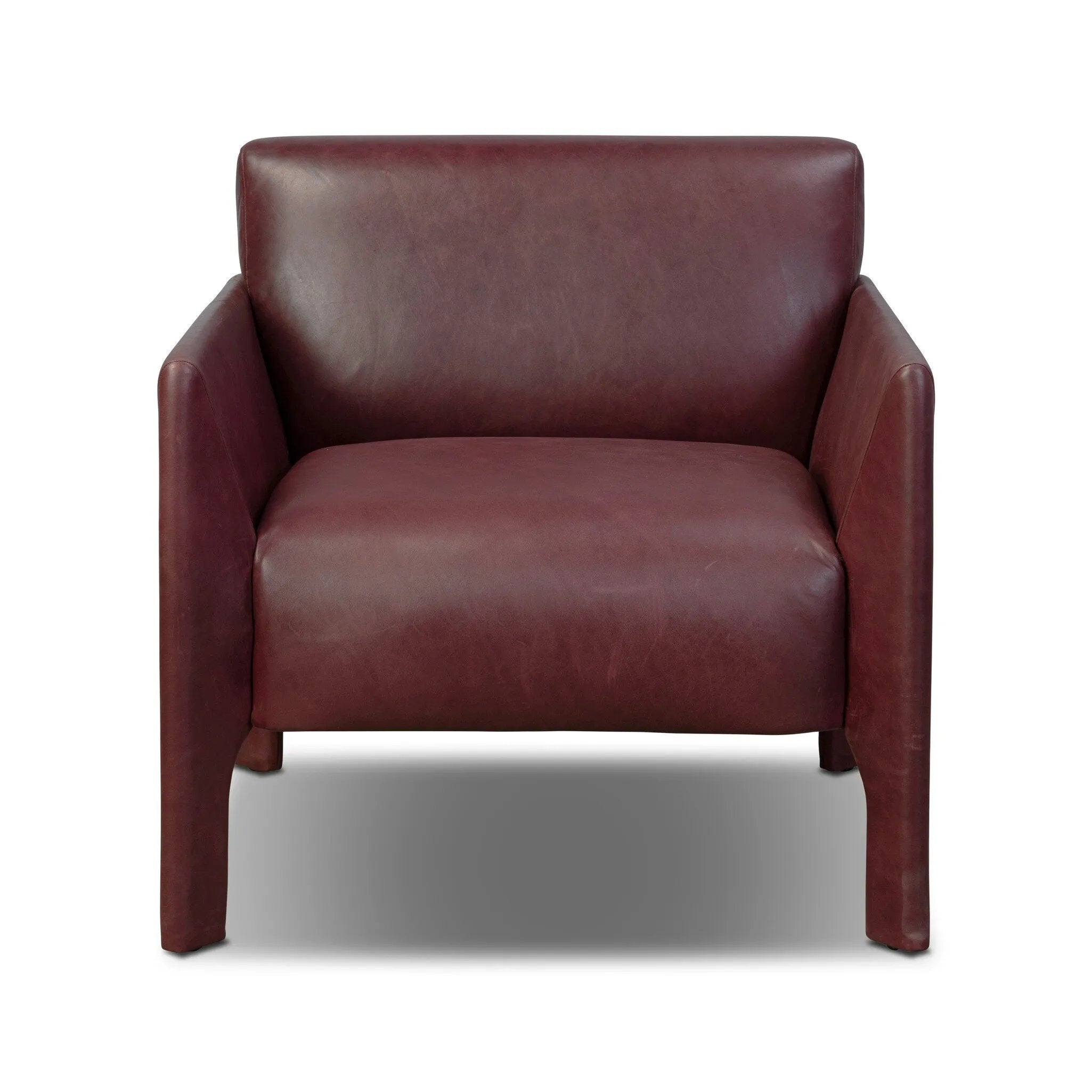 A bold chair design inspired by Italian modernism. Made from burgundy top-grain leather, with a wide format that contrasts slimmer chamfered legs leaving airiness underneath. The result: A beautiful balance of scale.As enthusiasts of clean aesthetics at Amethyst, we love the warm modern inspired Graford Chair - Dulane Burgundy. Amethyst Home provides interior design, new home construction design consulting, vintage area rugs, and lighting in the Alpharetta metro area.