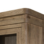 Large, traditional cabinetry of honey-finished oak brings a timeless look — and plenty of storage — to any room in the house. Sliding glass doors modernize this heritage-inspired piece, so you can style your favorite books and belongings. Six roomy drawers create endless storage possibilities for your space Amethyst Home provides interior design, new home construction design consulting, vintage area rugs, and lighting in the Nashville metro area.