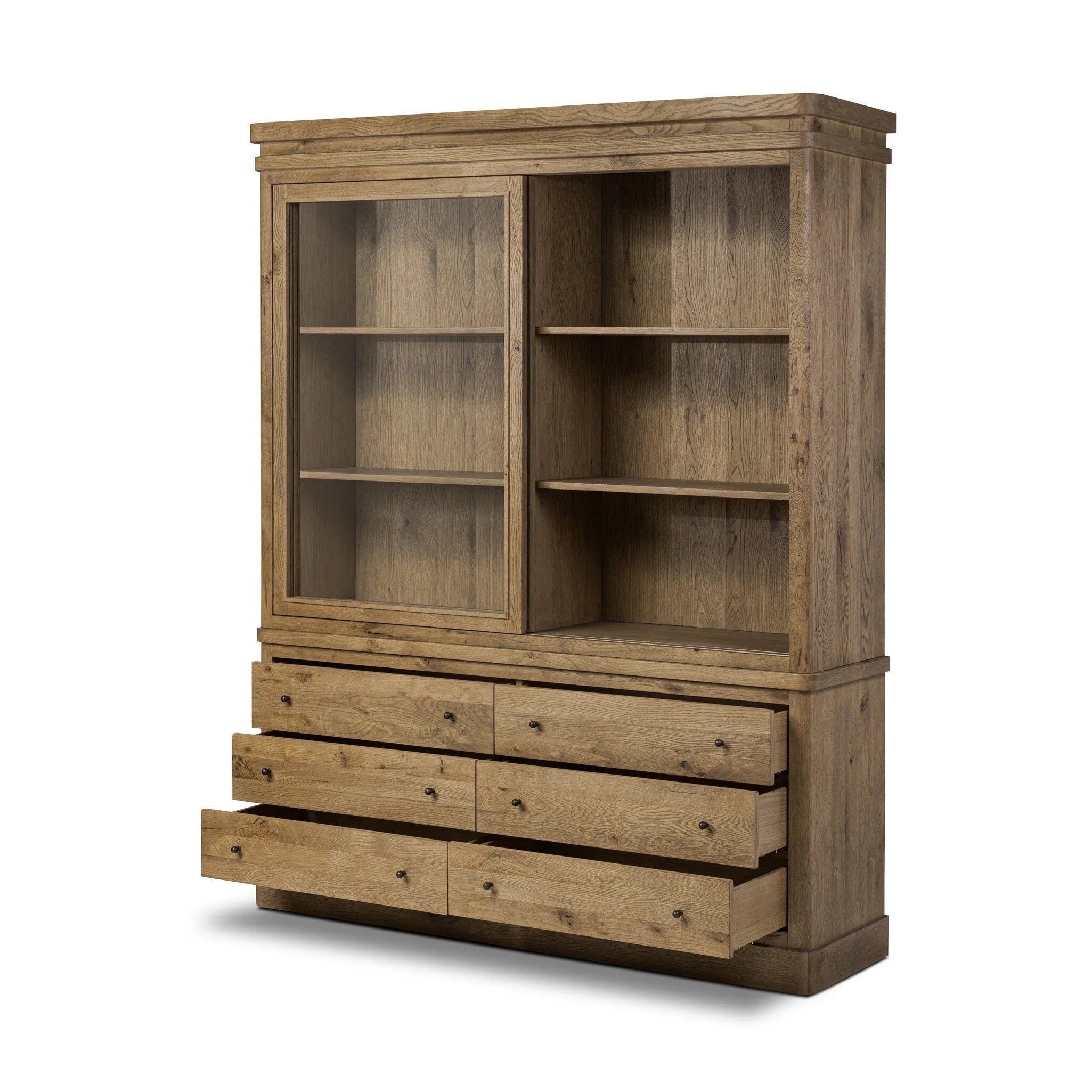 Large, traditional cabinetry of honey-finished oak brings a timeless look — and plenty of storage — to any room in the house. Sliding glass doors modernize this heritage-inspired piece, so you can style your favorite books and belongings. Six roomy drawers create endless storage possibilities for your space Amethyst Home provides interior design, new home construction design consulting, vintage area rugs, and lighting in the Omaha metro area.