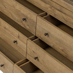 Large, traditional cabinetry of honey-finished oak brings a timeless look — and plenty of storage — to any room in the house. Sliding glass doors modernize this heritage-inspired piece, so you can style your favorite books and belongings. Six roomy drawers create endless storage possibilities for your space Amethyst Home provides interior design, new home construction design consulting, vintage area rugs, and lighting in the San Diego metro area.
