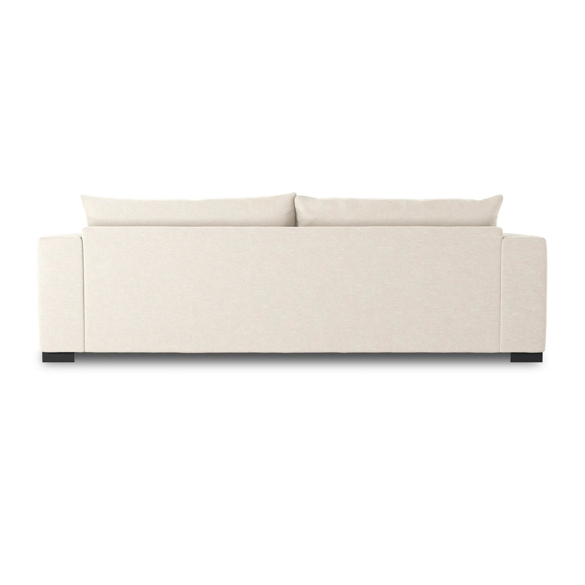 Welcome to the modern lounging essential. A timeless track arm sofa is upholstered in a neutral oatmeal performance fabric and finished with wooden block legs. Performance fabrics are specially created to withstand spills, stains, high traffic and wear, ensuring long-term comfort and unmatched durability Amethyst Home provides interior design, new home construction design consulting, vintage area rugs, and lighting in the Alpharetta metro area.