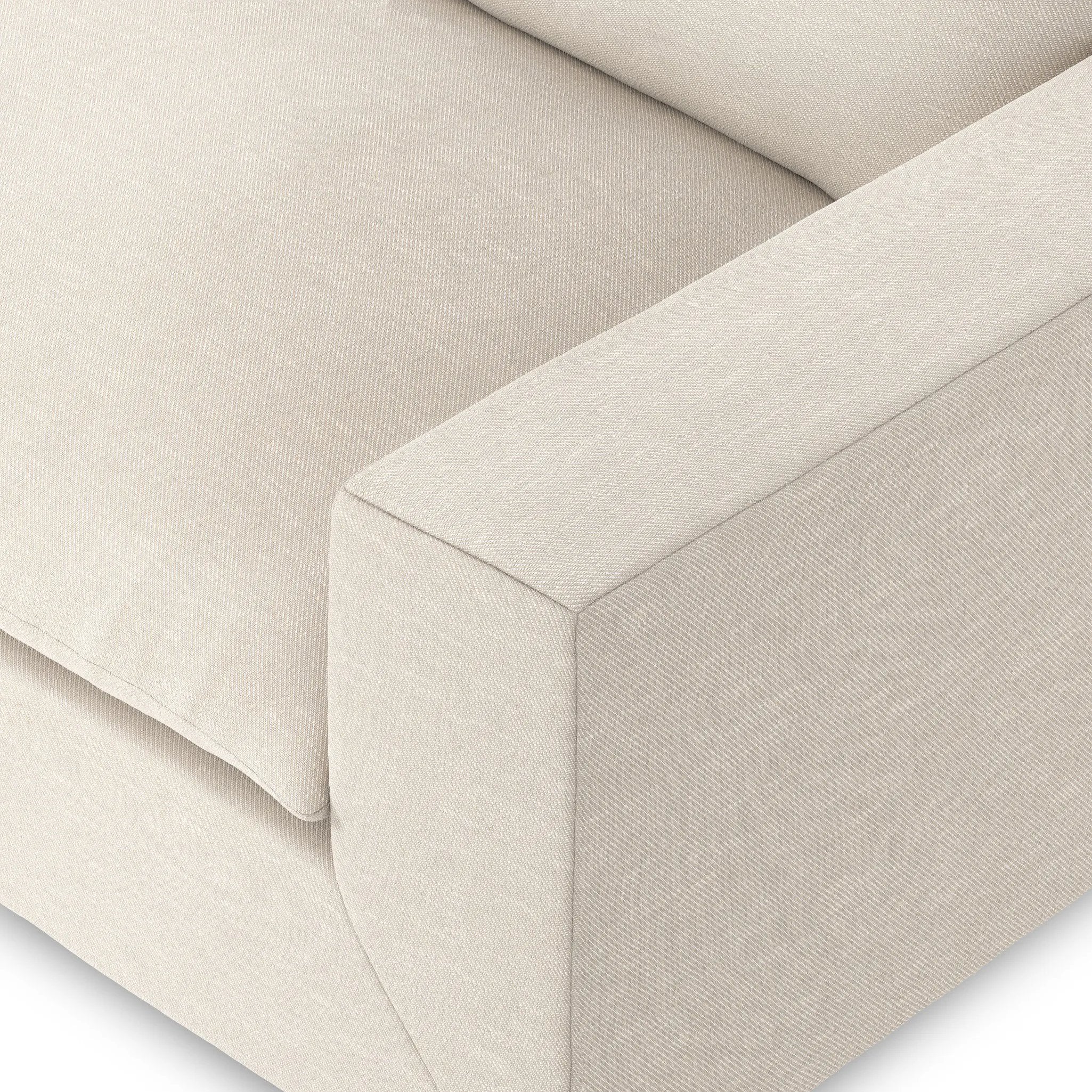 Welcome to the modern lounging essential. A timeless track arm sofa is upholstered in a neutral oatmeal performance fabric and finished with wooden block legs. Performance fabrics are specially created to withstand spills, stains, high traffic and wear, ensuring long-term comfort and unmatched durability Amethyst Home provides interior design, new home construction design consulting, vintage area rugs, and lighting in the Charlotte metro area.