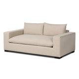 Welcome to the modern lounging essential. A timeless track arm sofa is upholstered in a neutral oatmeal performance fabric and finished with wooden block legs. Performance fabrics are specially created to withstand spills, stains, high traffic and wear, ensuring long-term comfort and unmatched durability Amethyst Home provides interior design, new home construction design consulting, vintage area rugs, and lighting in the Tampa metro area.