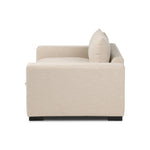 Welcome to the modern lounging essential. A timeless track arm sofa is upholstered in a neutral oatmeal performance fabric and finished with wooden block legs. Performance fabrics are specially created to withstand spills, stains, high traffic and wear, ensuring long-term comfort and unmatched durability Amethyst Home provides interior design, new home construction design consulting, vintage area rugs, and lighting in the Winter Garden metro area.