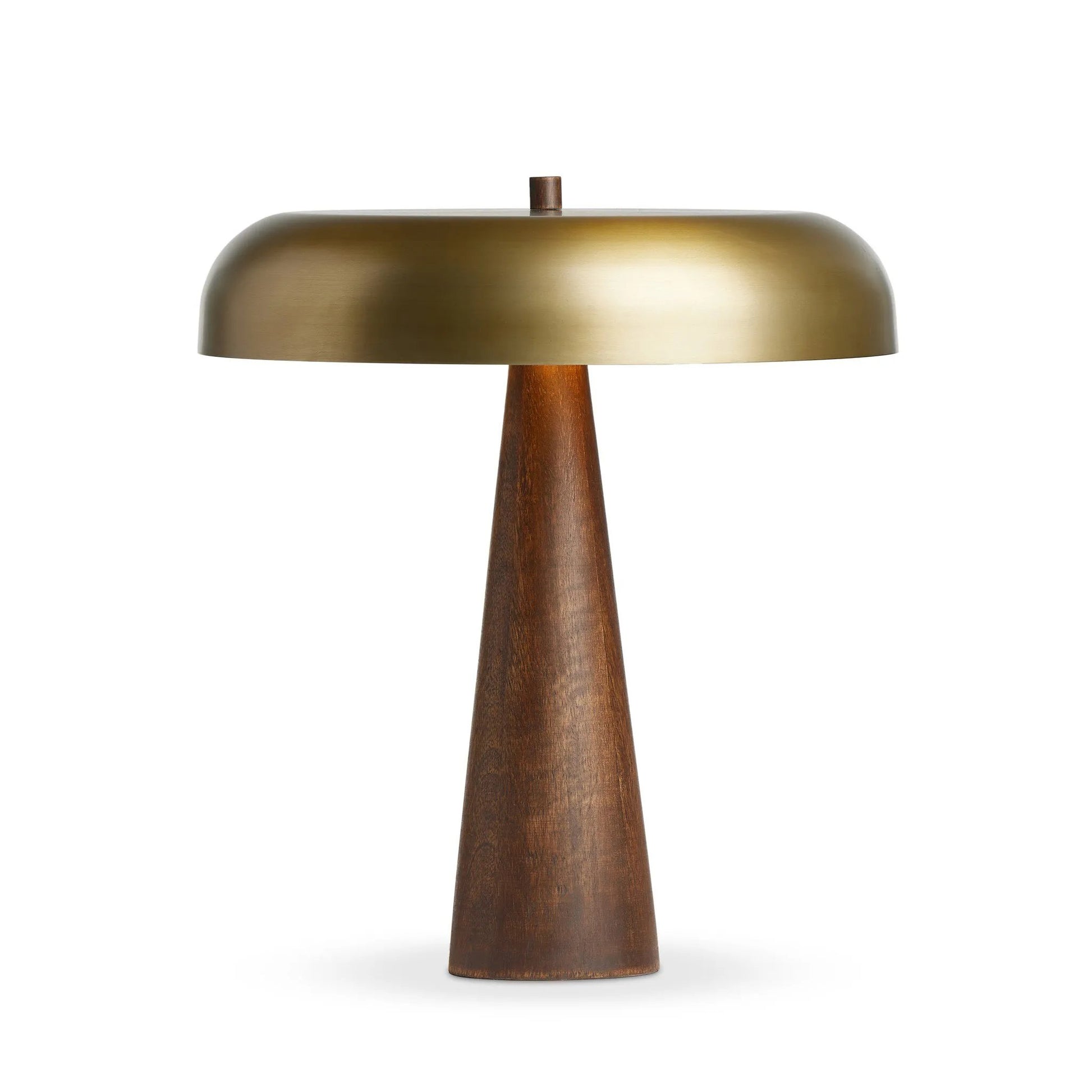 A stylish nod to midcentury mushroom lamps, this beautifully scaled wooden lamp features a gleaming metal shade finished in aged brass. It's topped with a small wood finial to complete the look Amethyst Home provides interior design, new home construction design consulting, vintage area rugs, and lighting in the Los Angeles metro area.