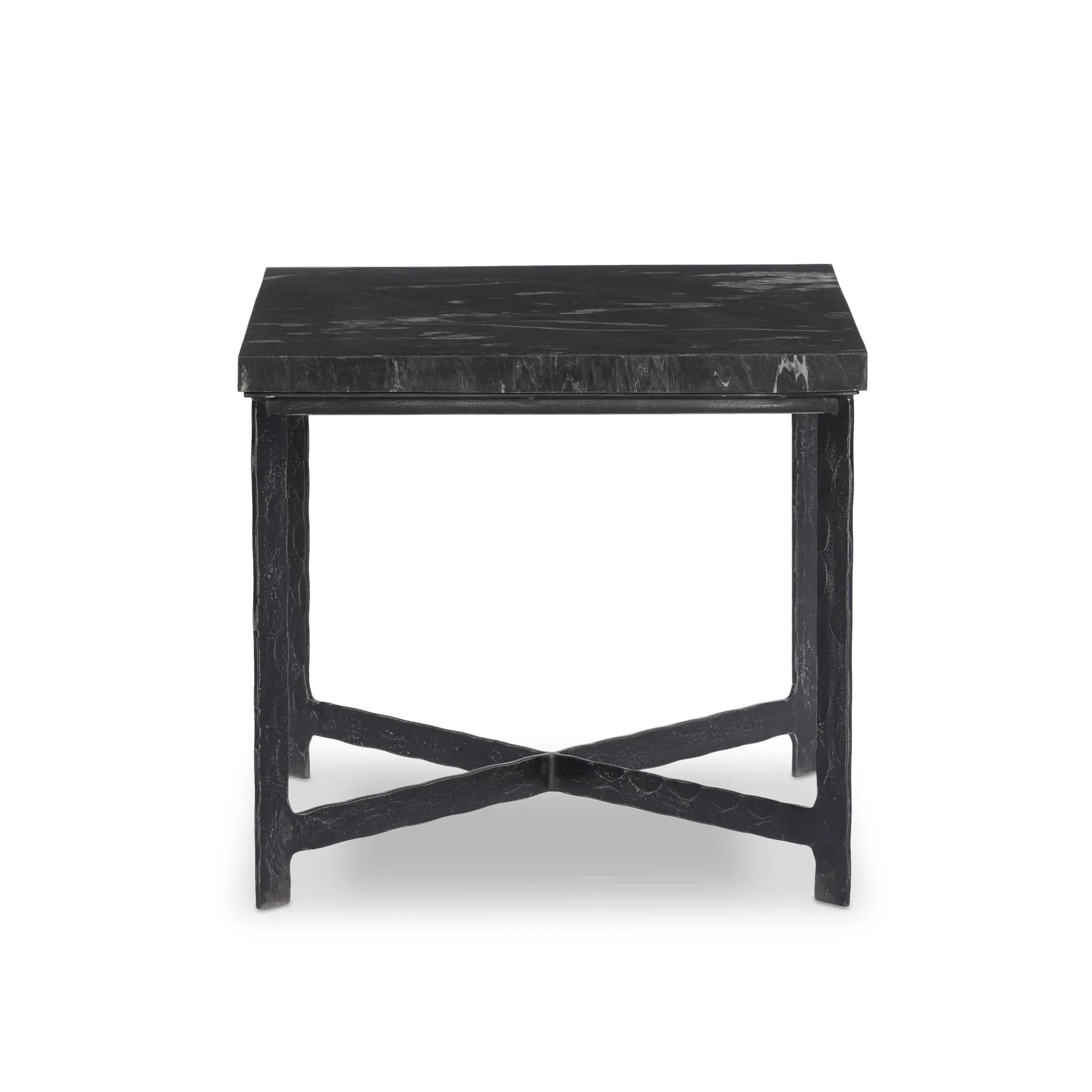 An open, hand-hammered base of black iron supports a squared top of charcoal marble, for a beautifully streamlined look with rustic vibes Amethyst Home provides interior design, new home construction design consulting, vintage area rugs, and lighting in the Salt Lake City metro area.