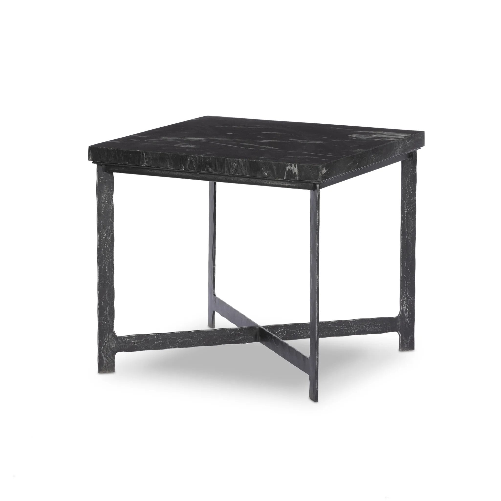 An open, hand-hammered base of black iron supports a squared top of charcoal marble, for a beautifully streamlined look with rustic vibes Amethyst Home provides interior design, new home construction design consulting, vintage area rugs, and lighting in the Seattle metro area.