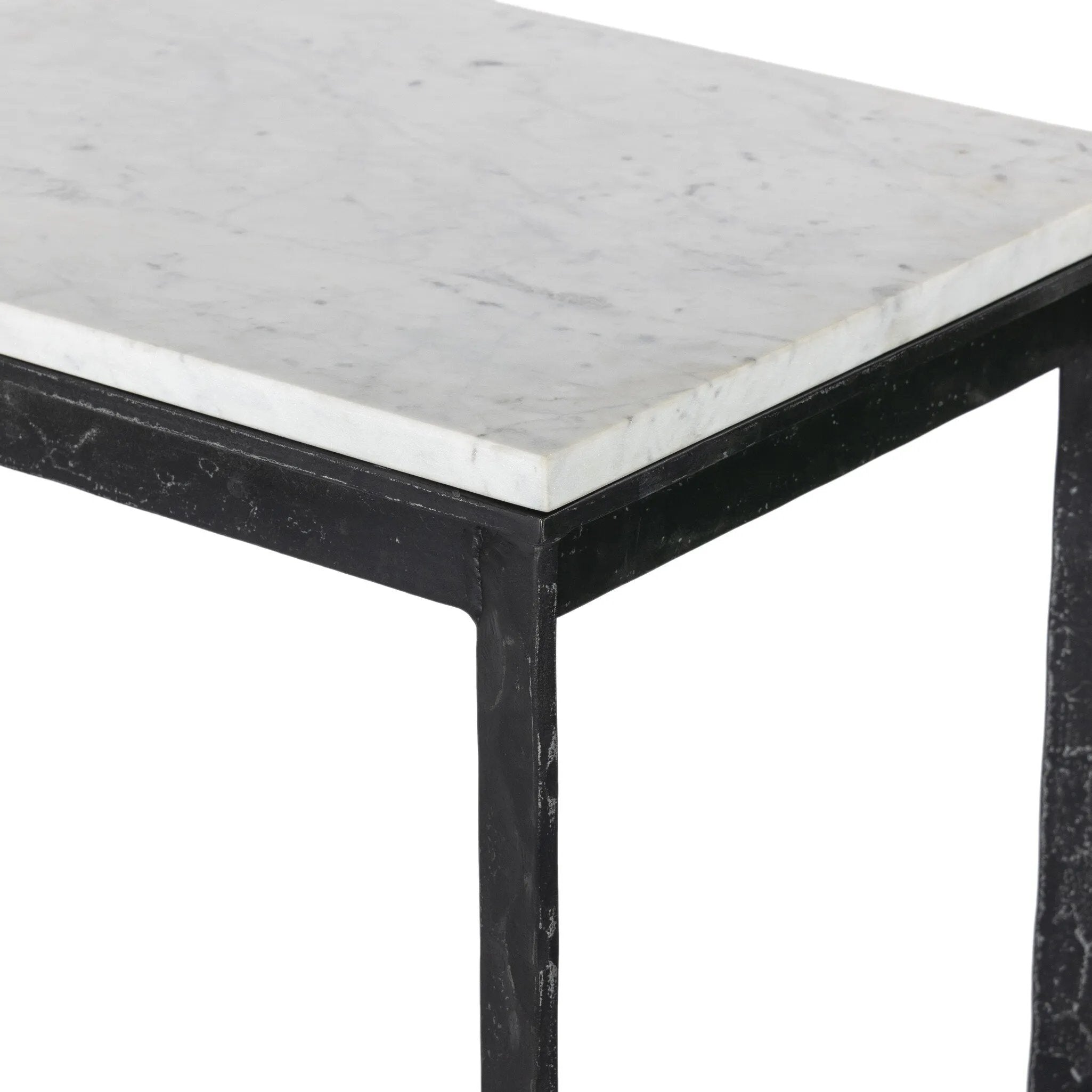 Featuring Hammered White Marble Iron Console Table by Four Hands at Amethyst Home. An open console table pairs a hand-hammered black iron base with a smooth white marble top, crafting a minimalist look with contrast. An open design creates endless possibilities for your media display and storage, or even styled in an entryway. Overall Dimensions: 78.00"w x . Amethyst Home provides interior design, new home construction design consulting, vintage area rugs, and lighting in the Calabasas metro area.