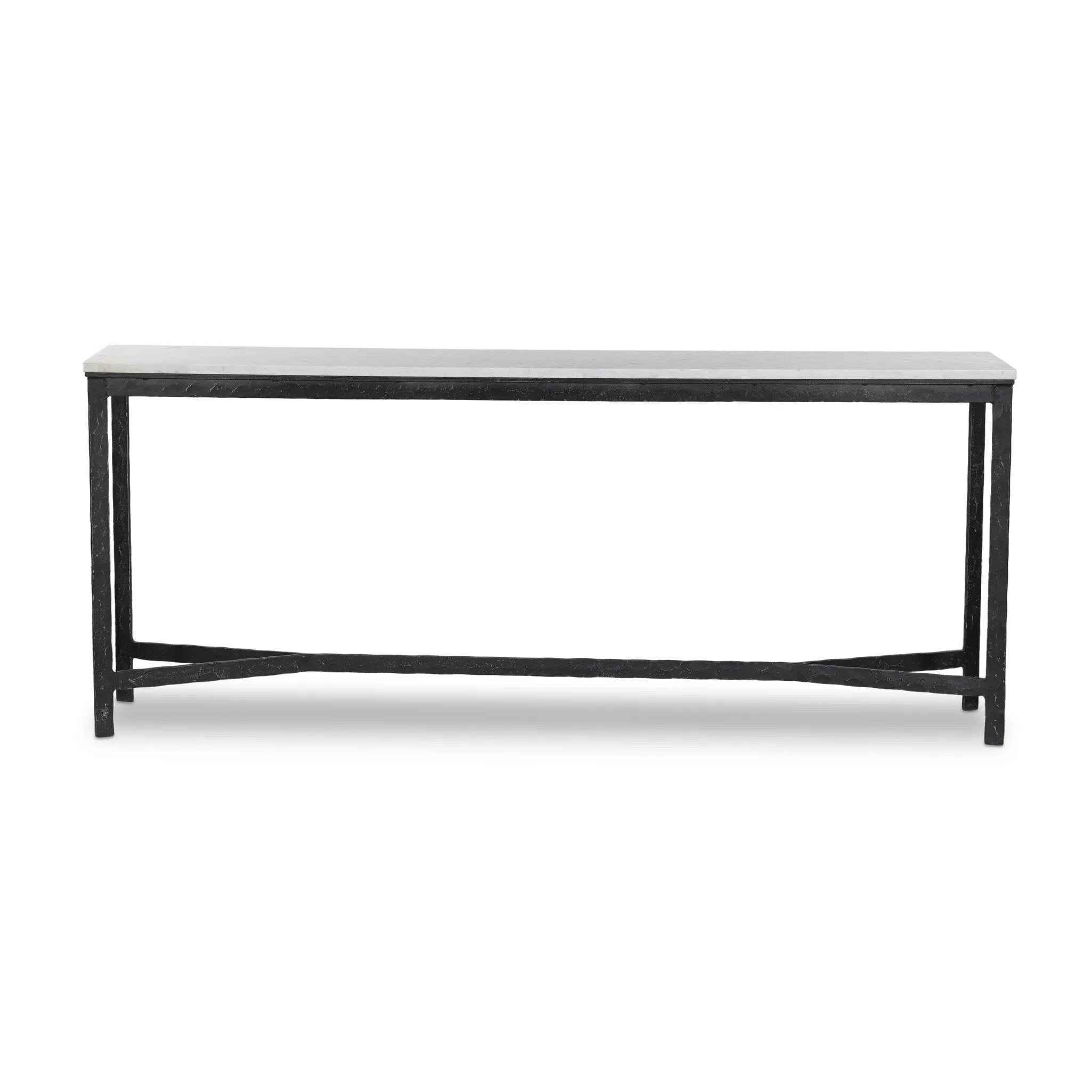 An open console table pairs a hand-hammered black iron base with a smooth white marble top, crafting a minimalist look with contrast. An open design creates endless possibilities for your media display and storage, or even styled in an entryway Amethyst Home provides interior design, new home construction design consulting, vintage area rugs, and lighting in the Scottsdale metro area.