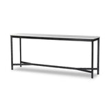 Featuring Hammered White Marble Iron Console Table by Four Hands at Amethyst Home. An open console table pairs a hand-hammered black iron base with a smooth white marble top, crafting a minimalist look with contrast. An open design creates endless possibilities for your media display and storage, or even styled in an entryway. Overall Dimensions: 78.00". Amethyst Home provides interior design, new home construction design consulting, vintage area rugs, and lighting in the Winter Garden metro area.