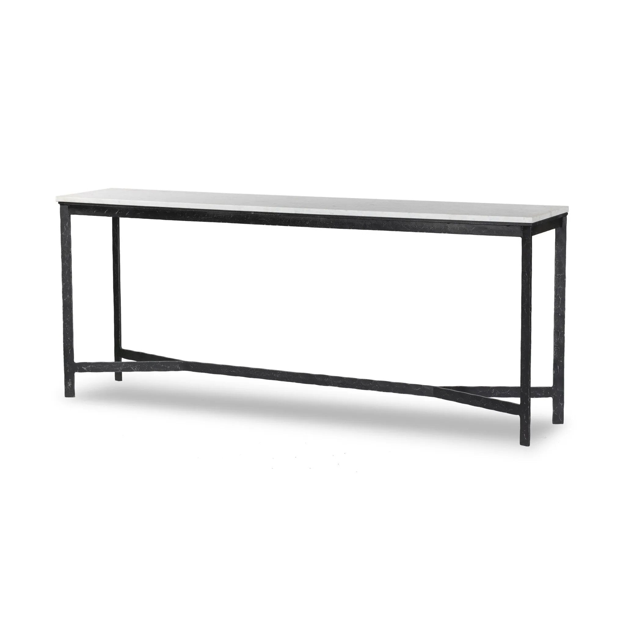Featuring Hammered White Marble Iron Console Table by Four Hands at Amethyst Home. An open console table pairs a hand-hammered black iron base with a smooth white marble top, crafting a minimalist look with contrast. An open design creates endless possibilities for your media display and storage, or even styled in an entryway. Overall Dimensions: 78.00". Amethyst Home provides interior design, new home construction design consulting, vintage area rugs, and lighting in the Winter Garden metro area.