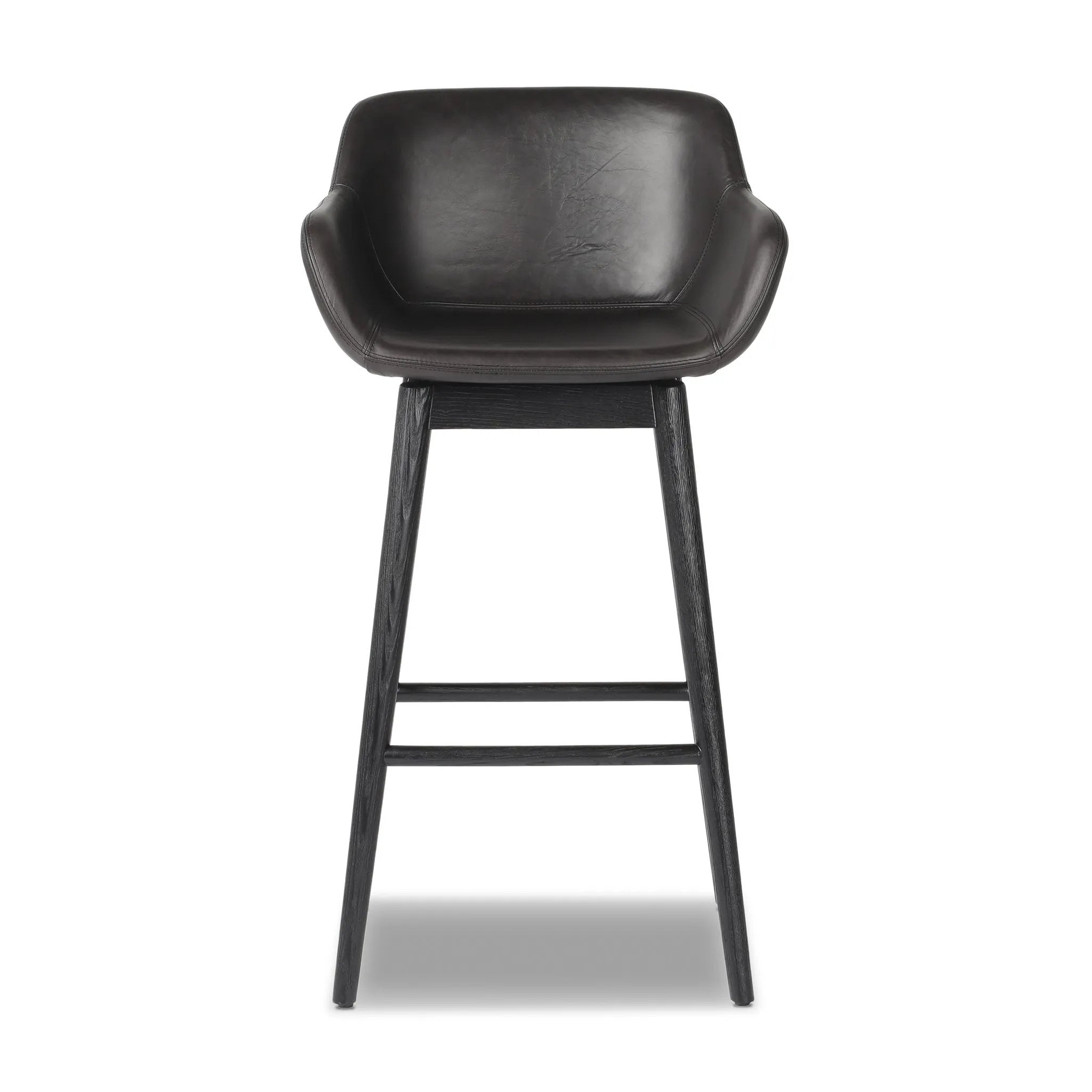 Featuring Hannah Sonoma Black Swivel Bar + Counter Stool by Four Hands at Amethyst Home. BarOverall Dimensions: 21.75"w x 20.50"d x 40.75"hWeight: 23.81 lbsCounterOverall Dimensions: 21.75"w x 20.50"d x 36.75"hWeight: 21.61 lbsMaterials: Top Grain Leather, Solid Oak, Solid Ash. Amethyst Home provides interior design, new home construction design consulting, vintage area rugs, and lighting in the Alpharetta metro area.