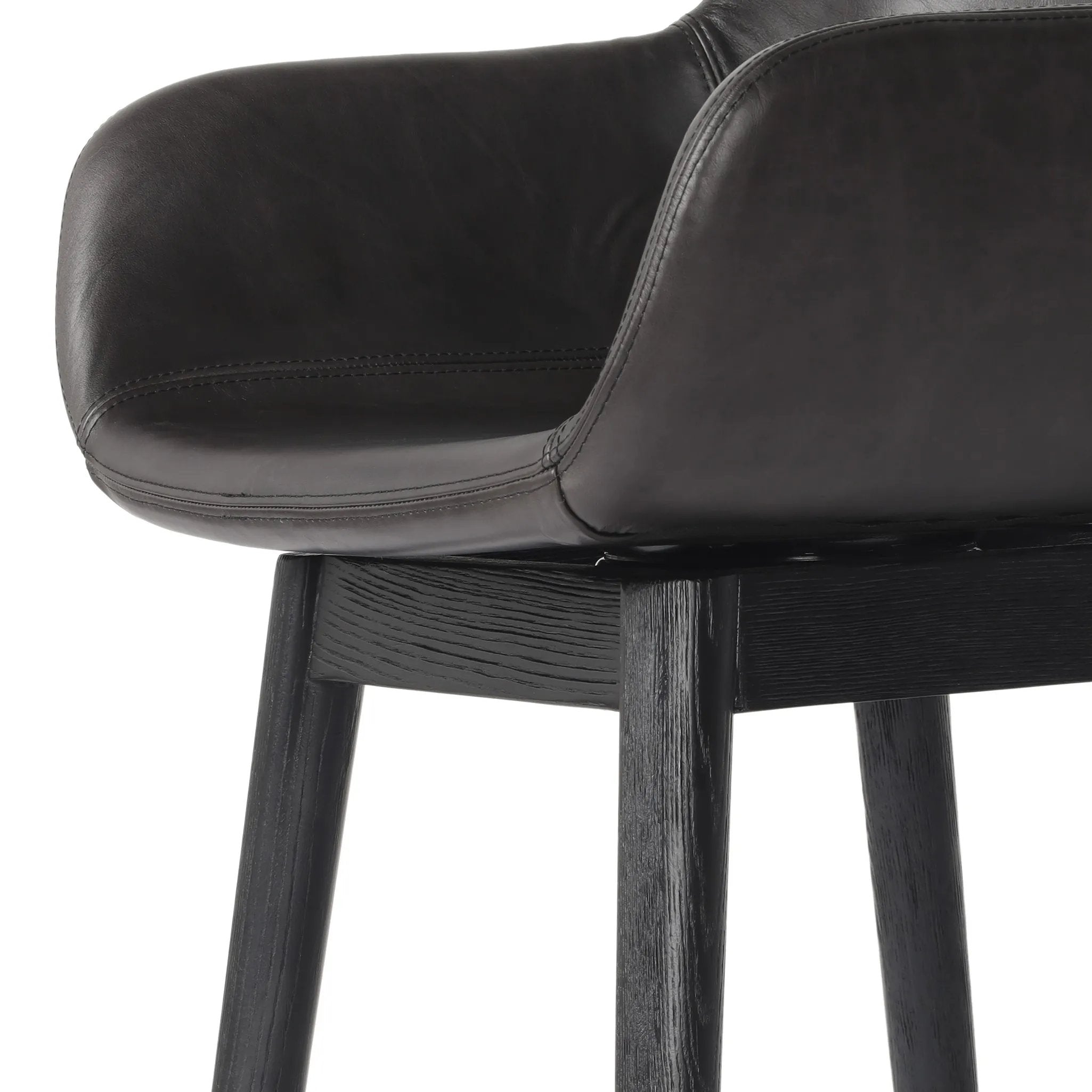 Featuring Hannah Sonoma Black Swivel Bar + Counter Stool by Four Hands at Amethyst Home. BarOverall Dimensions: 21.75"w x 20.50"d x 40.75"hWeight: 23.81 lbsCounterOverall Dimensions: 21.75"w x 20.50"d x 36.75"hWeight: 21.61 lbsMaterials: Top Grain Leather, Solid Oak, Solid Ash. Amethyst Home provides interior design, new home construction design consulting, vintage area rugs, and lighting in the Washington metro area.