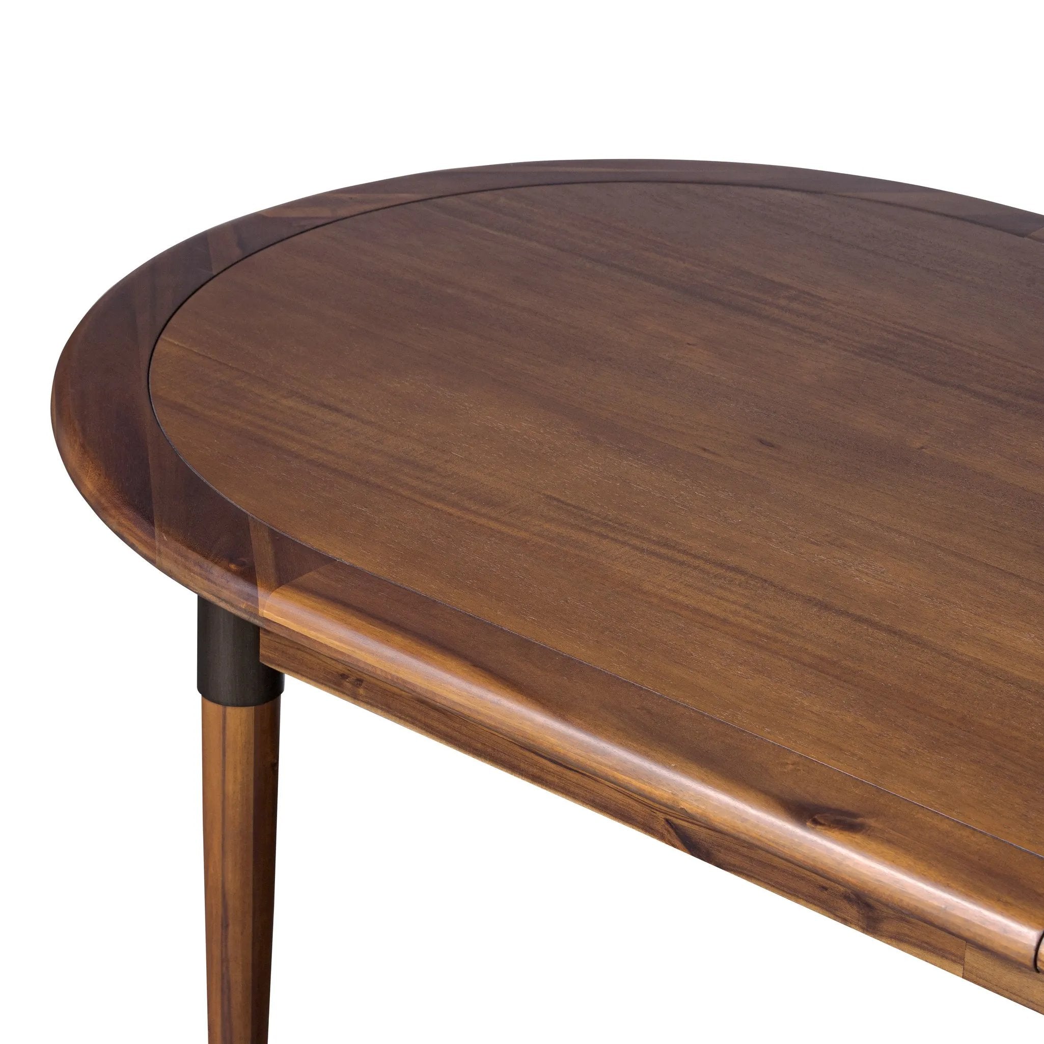 Design with flexibility. Finished in a warm toasted walnut, an oval acacia tabletop, cone-tapered legs and iron detailing speak to Scandinavian modernism. Expansion from 84" to 104" means more space when company calls Amethyst Home provides interior design, new home construction design consulting, vintage area rugs, and lighting in the Nashville metro area.