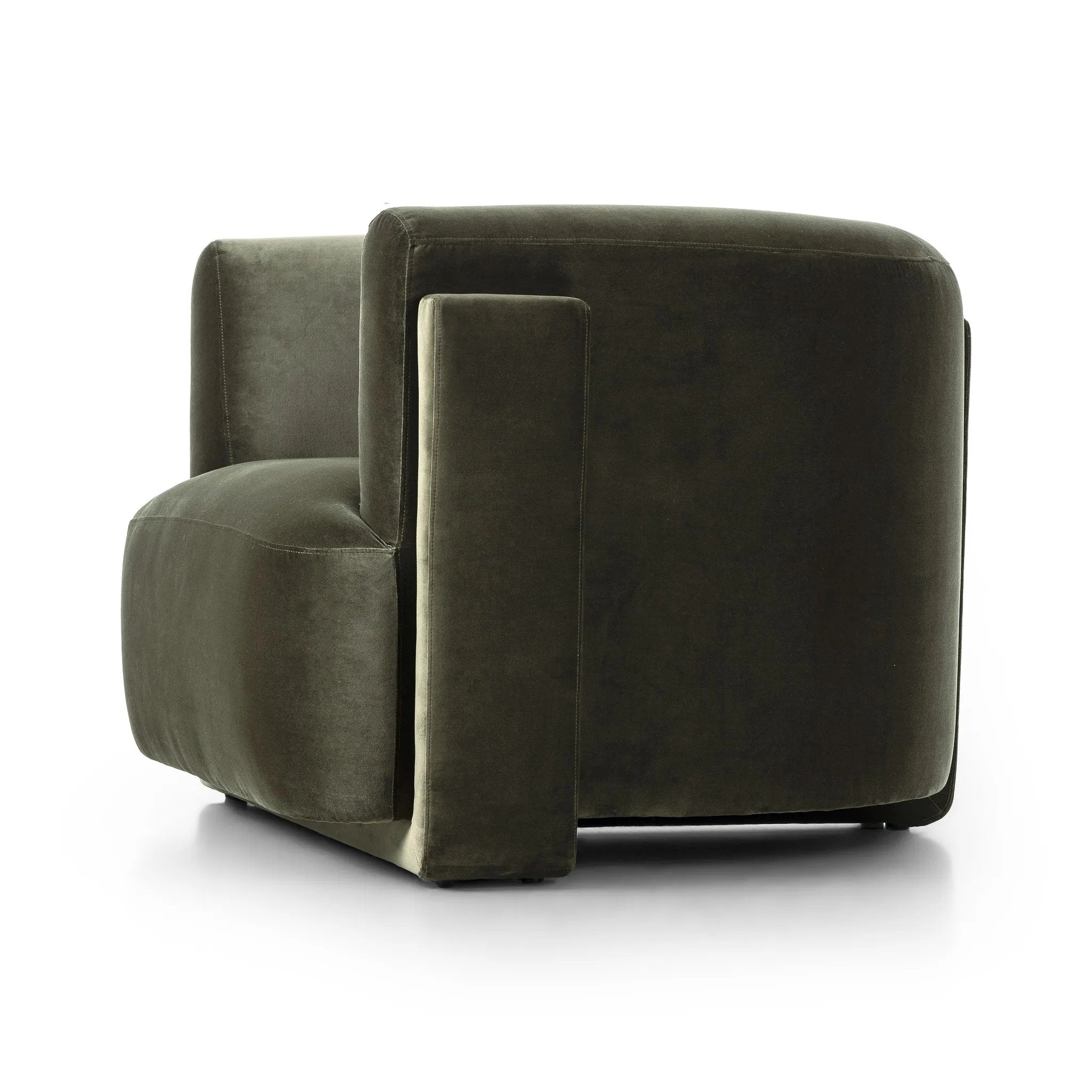 A true showstopper. A fully upholstered outer frame cradles this classic chair upholstered in a velvety olive fabric Amethyst Home provides interior design, new home construction design consulting, vintage area rugs, and lighting in the Alpharetta metro area.