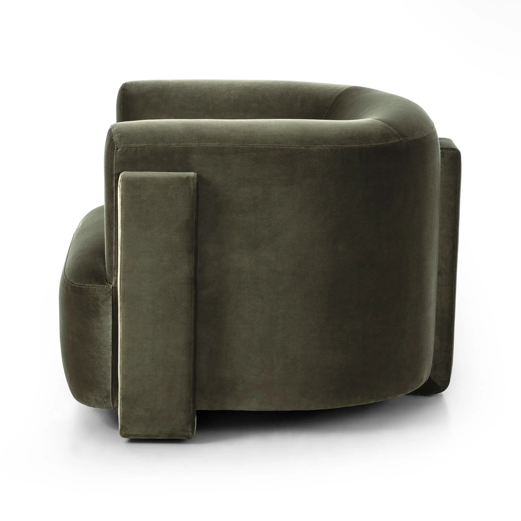 A true showstopper. A fully upholstered outer frame cradles this classic chair upholstered in a velvety olive fabric Amethyst Home provides interior design, new home construction design consulting, vintage area rugs, and lighting in the Monterey metro area.