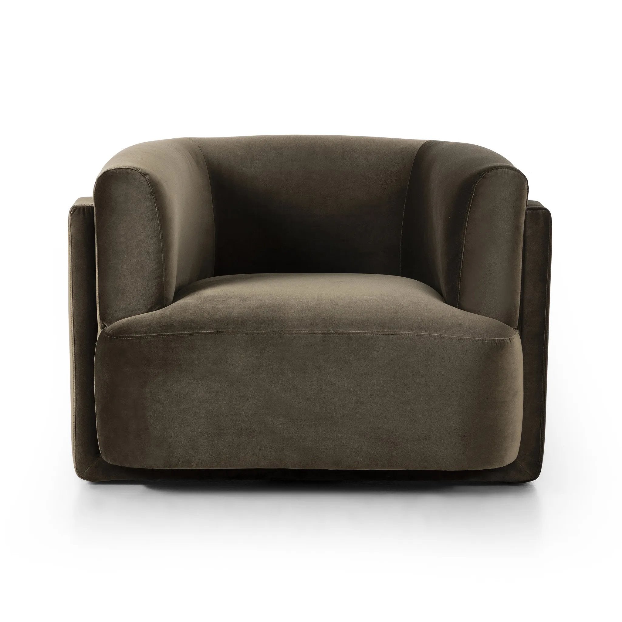 A true showstopper. A fully upholstered outer frame cradles this classic chair upholstered in a velvety olive fabric Amethyst Home provides interior design, new home construction design consulting, vintage area rugs, and lighting in the Nashville metro area.