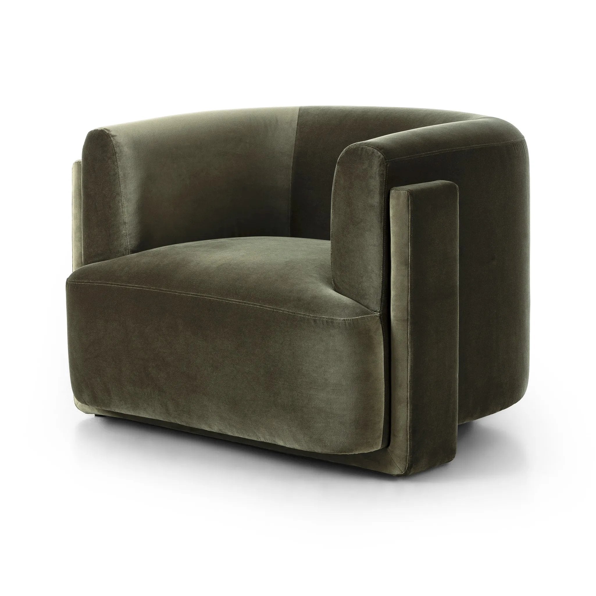 A true showstopper. A fully upholstered outer frame cradles this classic chair upholstered in a velvety olive fabric Amethyst Home provides interior design, new home construction design consulting, vintage area rugs, and lighting in the Newport Beach metro area.