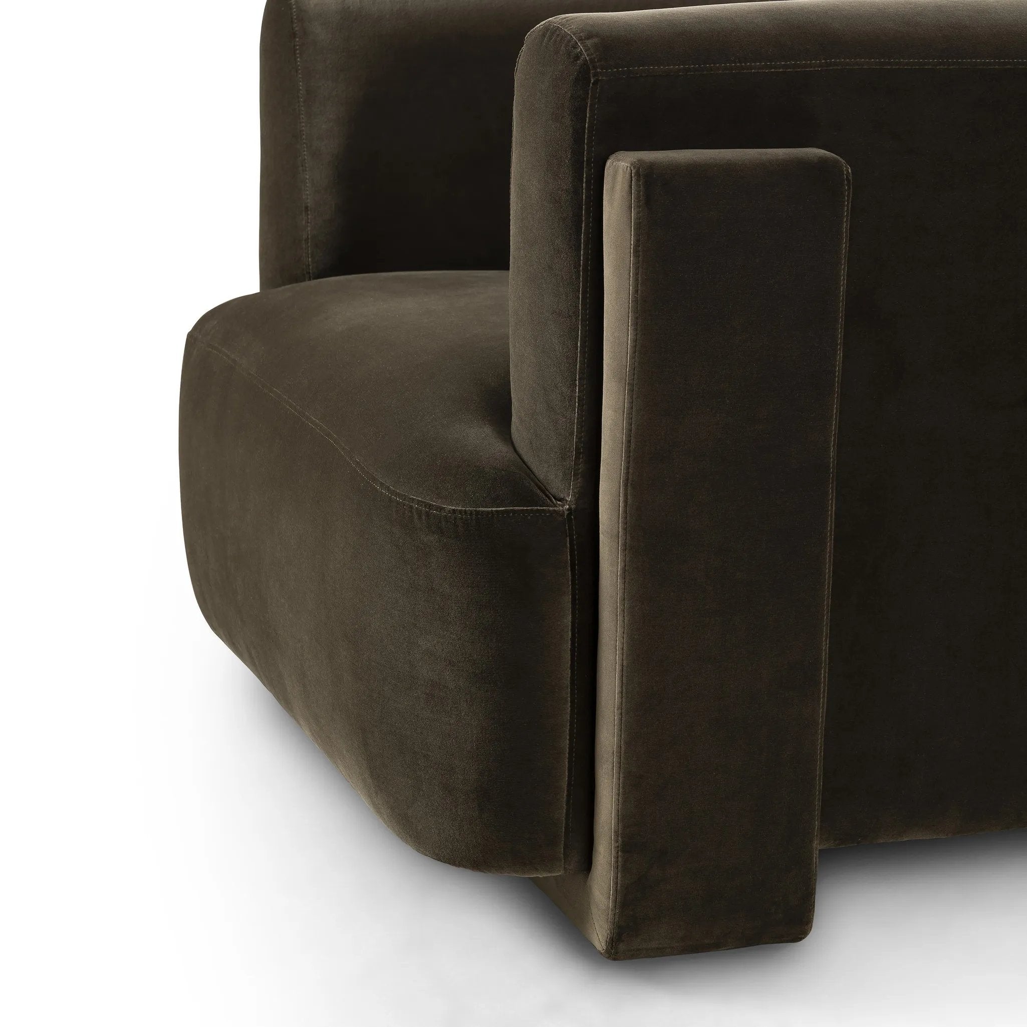 A true showstopper. A fully upholstered outer frame cradles this classic chair upholstered in a velvety olive fabric Amethyst Home provides interior design, new home construction design consulting, vintage area rugs, and lighting in the Portland metro area.