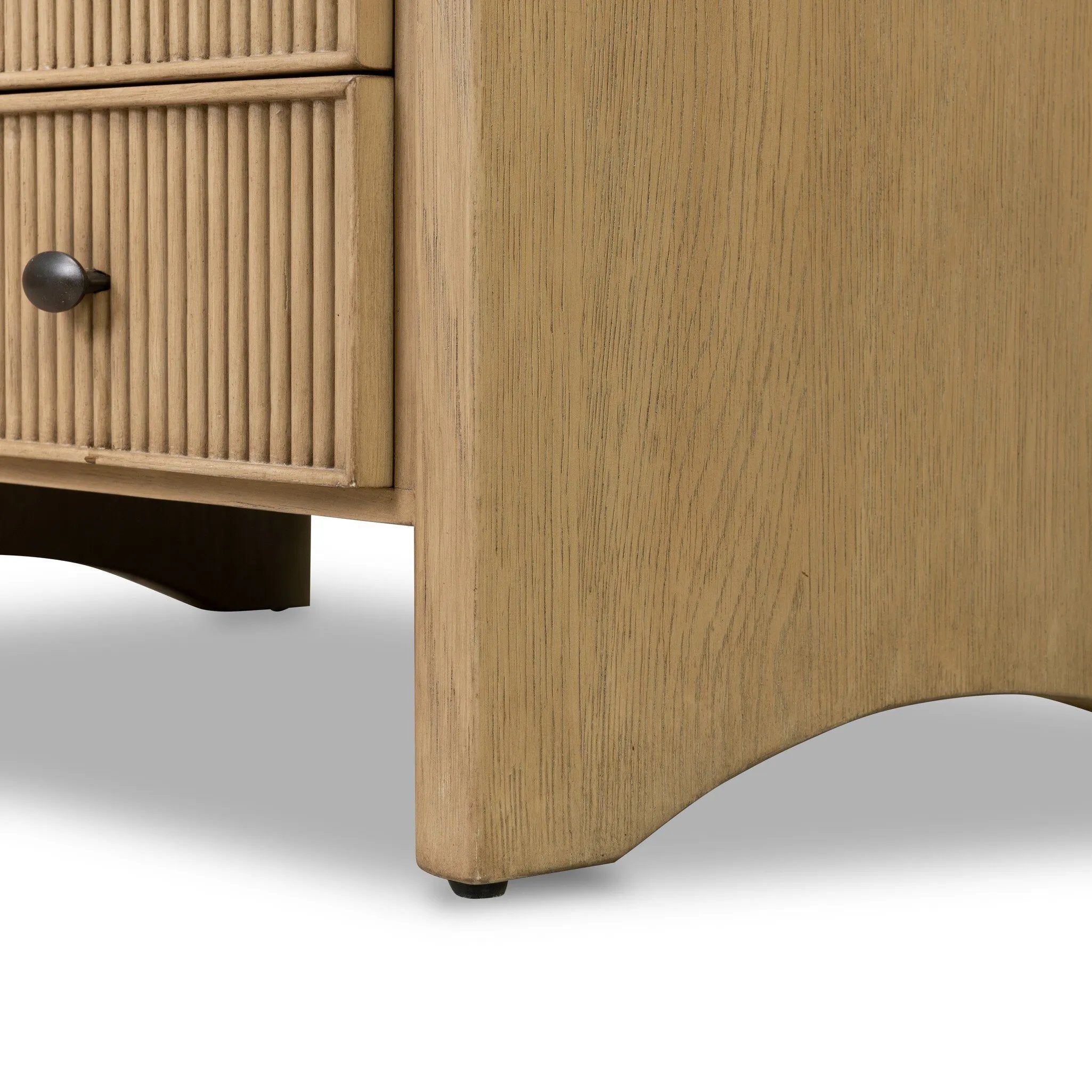 Simple while detailed, this nightstand's trimmed out scallop reeding adds subtle movement and soft texture, complemented by arched side panel legs. Two drawers plus an open shelf bring lots of storage space to the bedside.As enthusiasts of clean materials at Amethyst, we love the nature inspired Hazel Nightstand. Amethyst Home provides interior design, new home construction design consulting, vintage area rugs, and lighting in the Alpharetta metro area.
