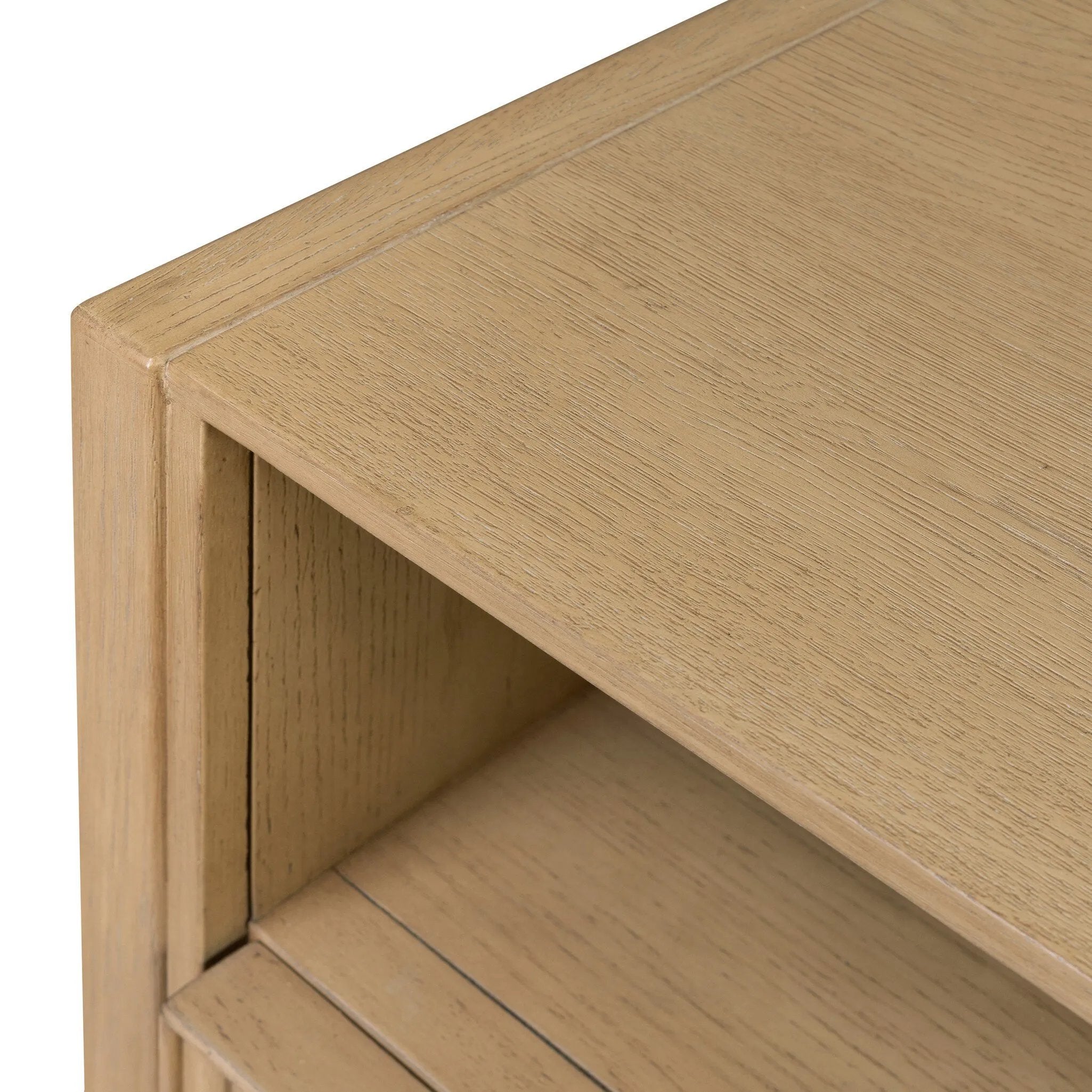 Simple while detailed, this nightstand's trimmed out scallop reeding adds subtle movement and soft texture, complemented by arched side panel legs. Two drawers plus an open shelf bring lots of storage space to the bedside.As enthusiasts of clean materials at Amethyst, we love the nature inspired Hazel Nightstand. Amethyst Home provides interior design, new home construction design consulting, vintage area rugs, and lighting in the Austin metro area.