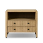 Simple while detailed, this nightstand's trimmed out scallop reeding adds subtle movement and soft texture, complemented by arched side panel legs. Two drawers plus an open shelf bring lots of storage space to the bedside.As enthusiasts of clean materials at Amethyst, we love the nature inspired Hazel Nightstand. Amethyst Home provides interior design, new home construction design consulting, vintage area rugs, and lighting in the Boston metro area.