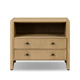 Simple while detailed, this nightstand's trimmed out scallop reeding adds subtle movement and soft texture, complemented by arched side panel legs. Two drawers plus an open shelf bring lots of storage space to the bedside.As enthusiasts of clean materials at Amethyst, we love the nature inspired Hazel Nightstand. Amethyst Home provides interior design, new home construction design consulting, vintage area rugs, and lighting in the Boston metro area.