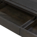 Featuring Henry Charcoal Oak Thick Veneer Desk by Four Hands at Amethyst Home. Made from solid reclaimed oak finished in a rustic charcoal, this slim-profile desk shapes subtly curved corners, bringing a handcrafted look to a minimalist form. Designed in partnership with longtime Four Hands collaborator Thomas Bina and Brazilian designer Ronald Sasson.Overall D. Amethyst Home provides interior design, new home construction design consulting, vintage area rugs, and lighting in the Miami metro area.