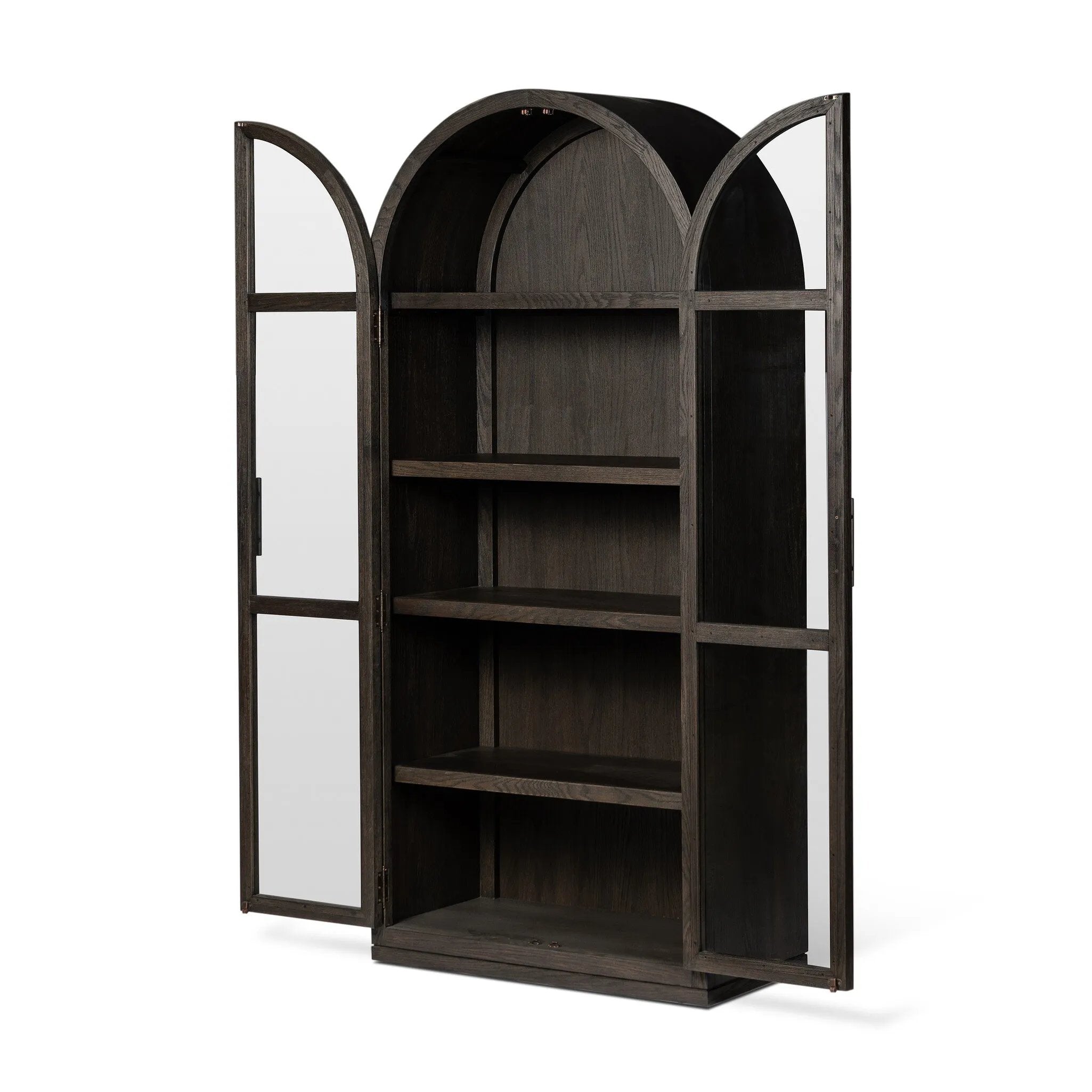 Featuring Hepburn Dark Anthracite Oak Veneer Cabinet by Four Hands at Amethyst Home. Beautifully arched with a flush plinth base, a versatile oak cabinet features a dark, rich finish. With generous interior shelving, a tempered glass front allows you to showcase favorite books and treasures — letting anyone who enters your space know exactly who you are. Ov. Amethyst Home provides interior design, new home construction design consulting, vintage area rugs, and lighting in the Nashville metro area.