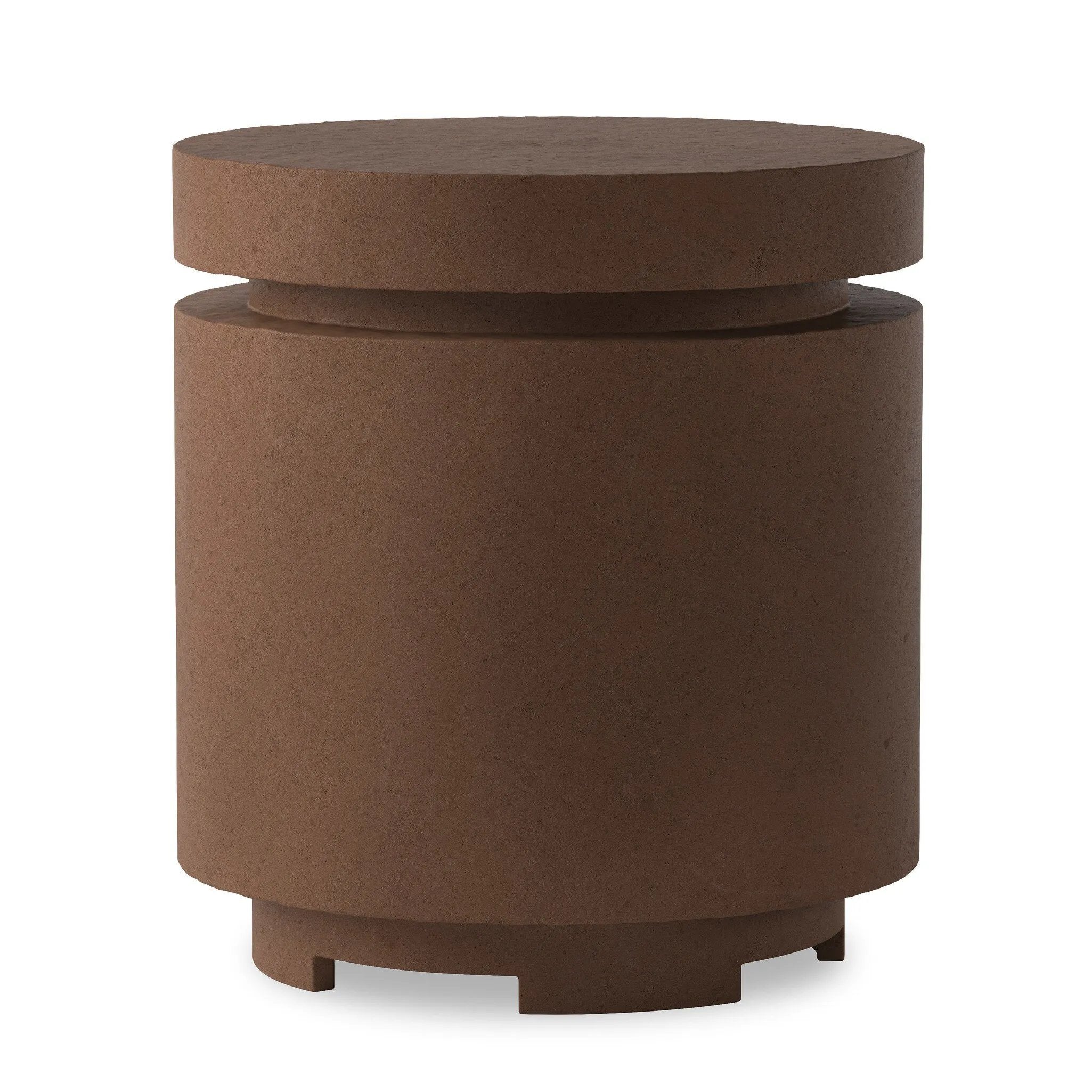 This outdoor propane tank enclosure pairs with fire tables for a clean, seamless look. Made from glass-reinforced concrete, each piece is naturally finished with deep tones of pewter and dark grey. It can act as an end table with its lid on, and has cutouts at the base for hose attachments. Amethyst Home provides interior design, new home construction design consulting, vintage area rugs, and lighting in the Alpharetta metro area.