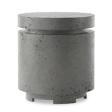 This outdoor propane tank enclosure pairs with fire tables for a clean, seamless look. Made from glass-reinforced concrete, each piece is naturally finished with deep tones of pewter and dark grey. It can act as an end table with its lid on, and has cutouts at the base for hose attachments. Amethyst Home provides interior design, new home construction design consulting, vintage area rugs, and lighting in the Miami metro area.