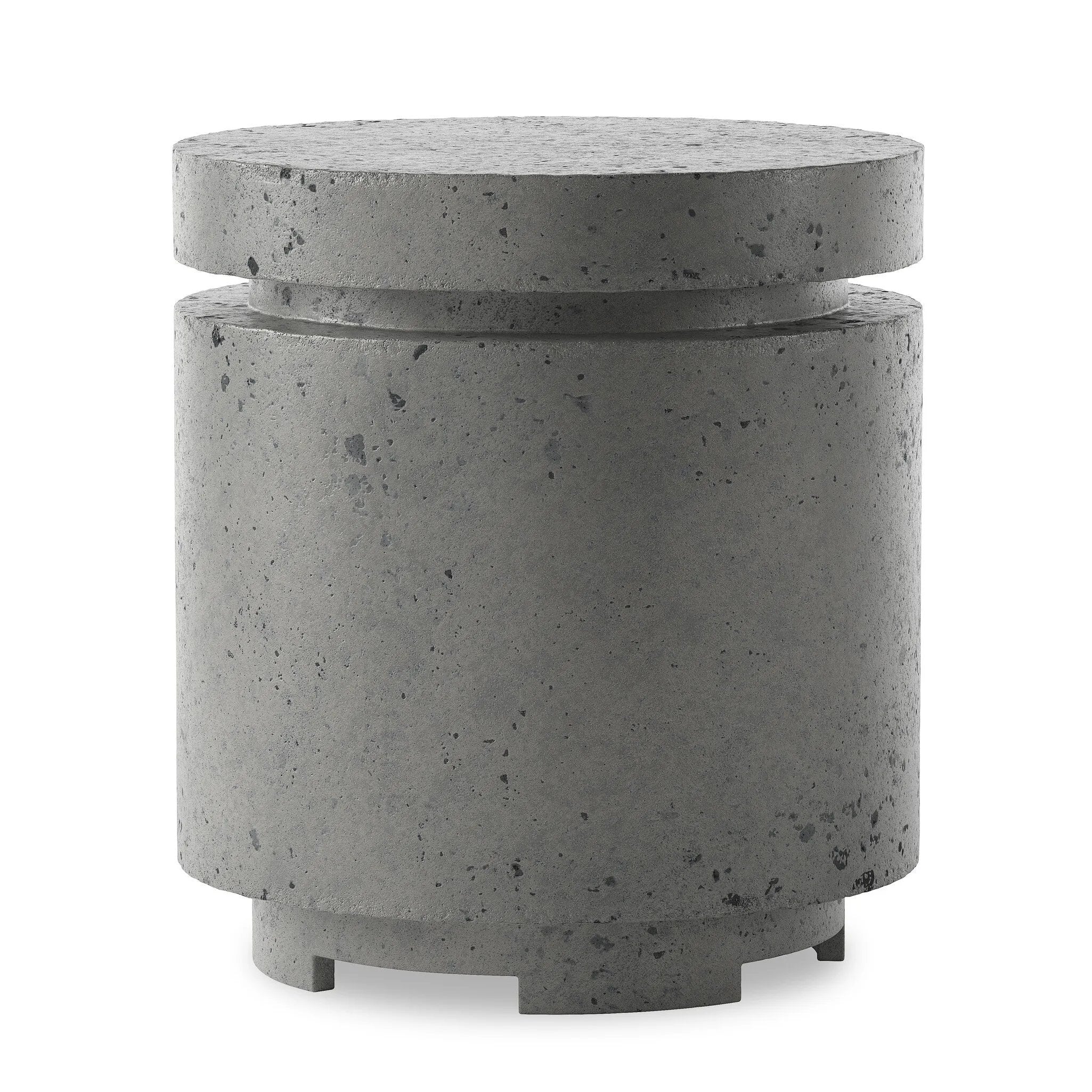 This outdoor propane tank enclosure pairs with fire tables for a clean, seamless look. Made from glass-reinforced concrete, each piece is naturally finished with deep tones of pewter and dark grey. It can act as an end table with its lid on, and has cutouts at the base for hose attachments. Amethyst Home provides interior design, new home construction design consulting, vintage area rugs, and lighting in the Miami metro area.